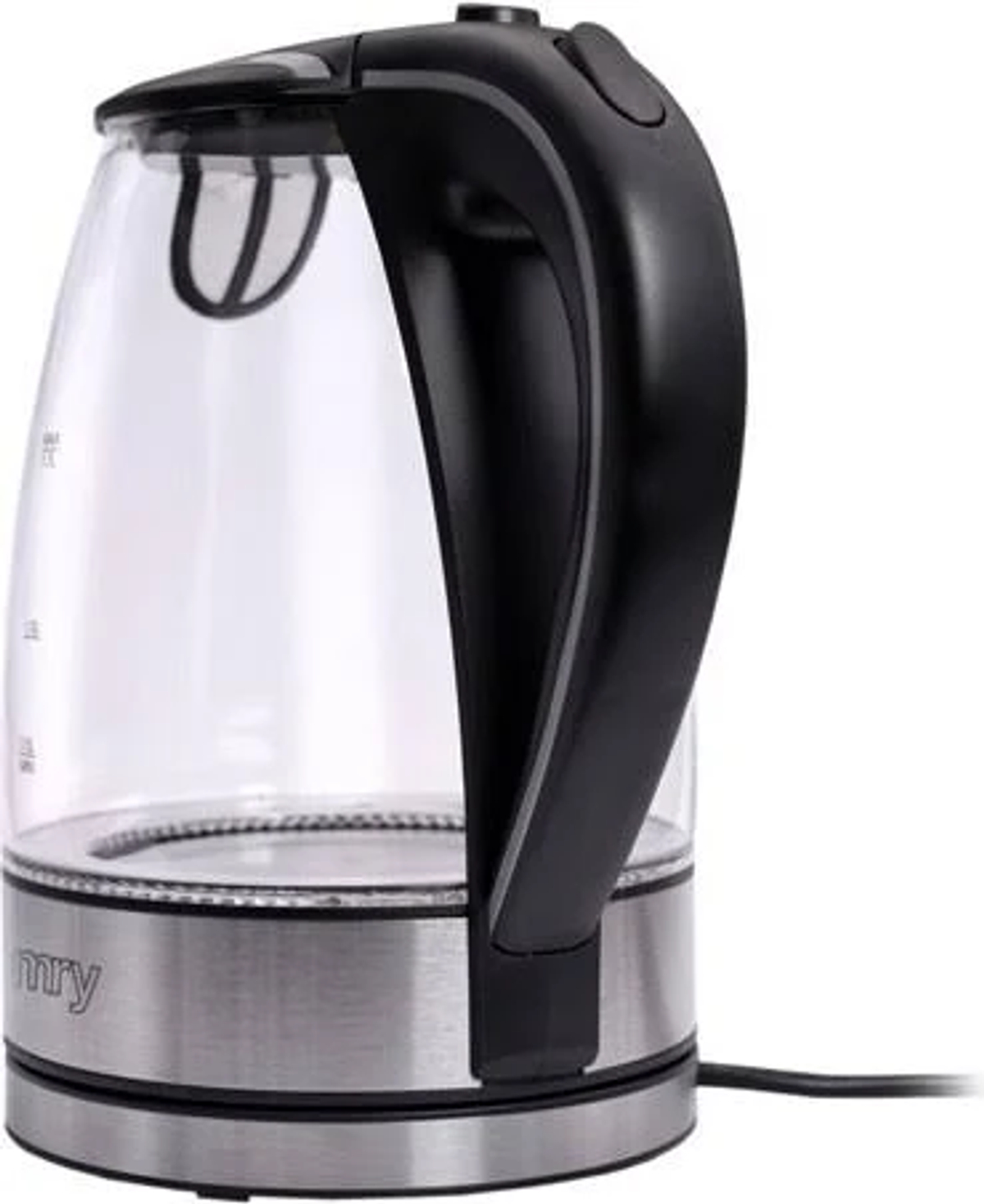 Przezroczysty szklany czajnik elektryczny z czarnym uchwytem i podstawą. Ma dno ze stali nierdzewnej.