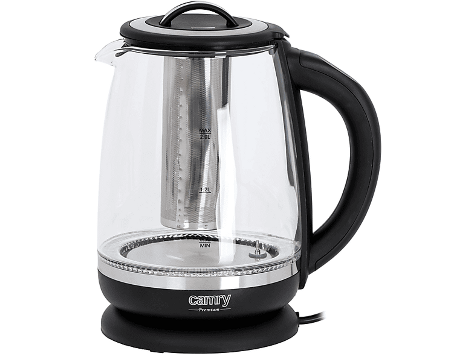 Szklany czajnik elektryczny z czarną podstawą, wkładem ze stali nierdzewnej i czarnym uchwytem.