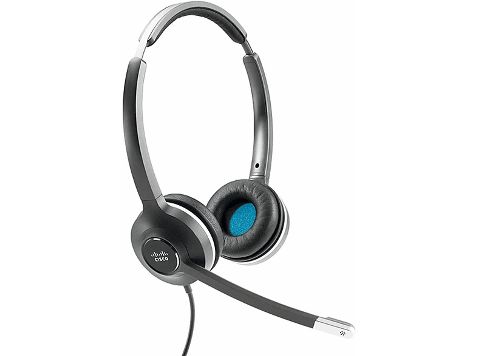 Auriculares negros y plateados con micrófono y el logotipo de Cisco.