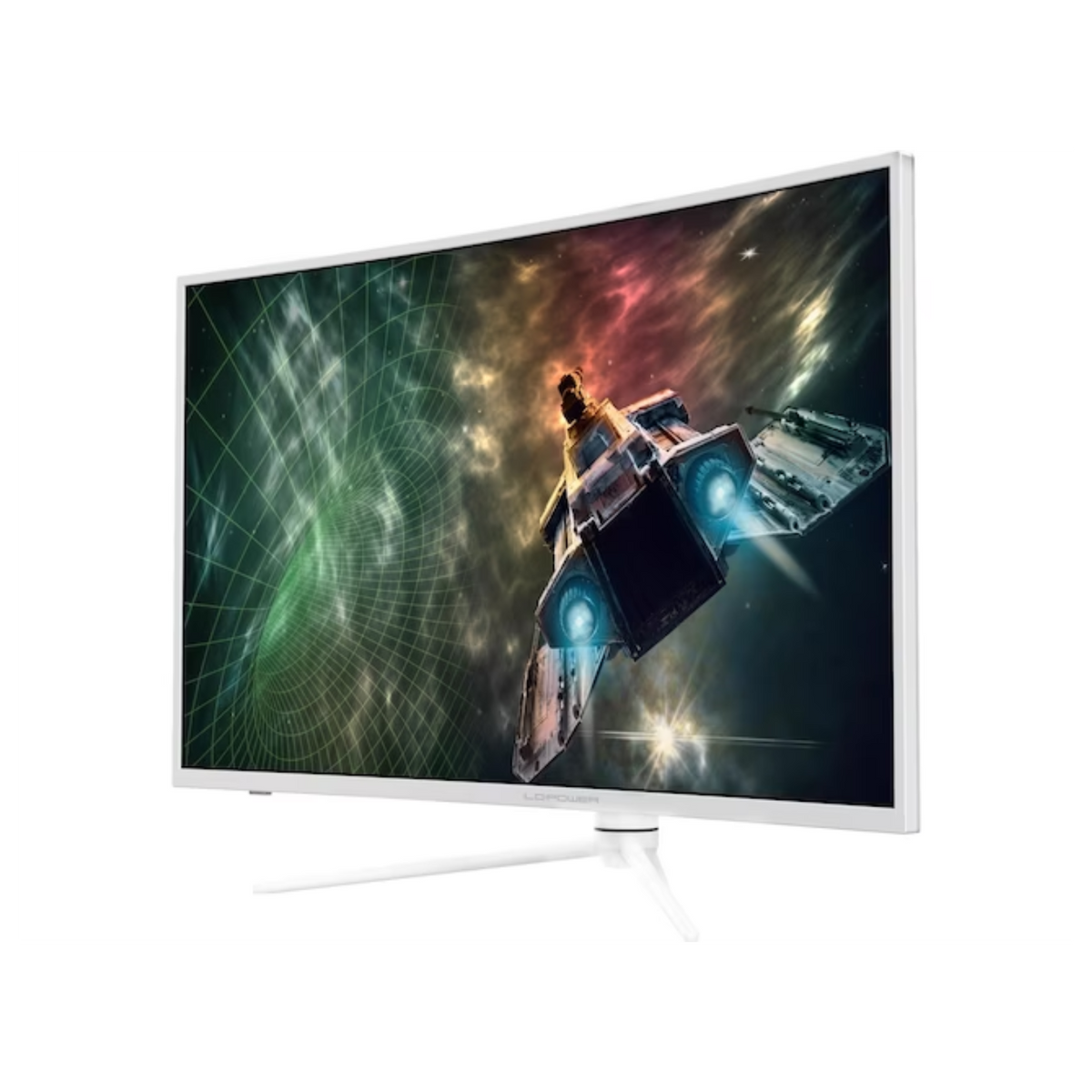 Zakrzywiony biały monitor wyświetlający statek kosmiczny w kosmosie. Scena ma zielone tło w kratkę.