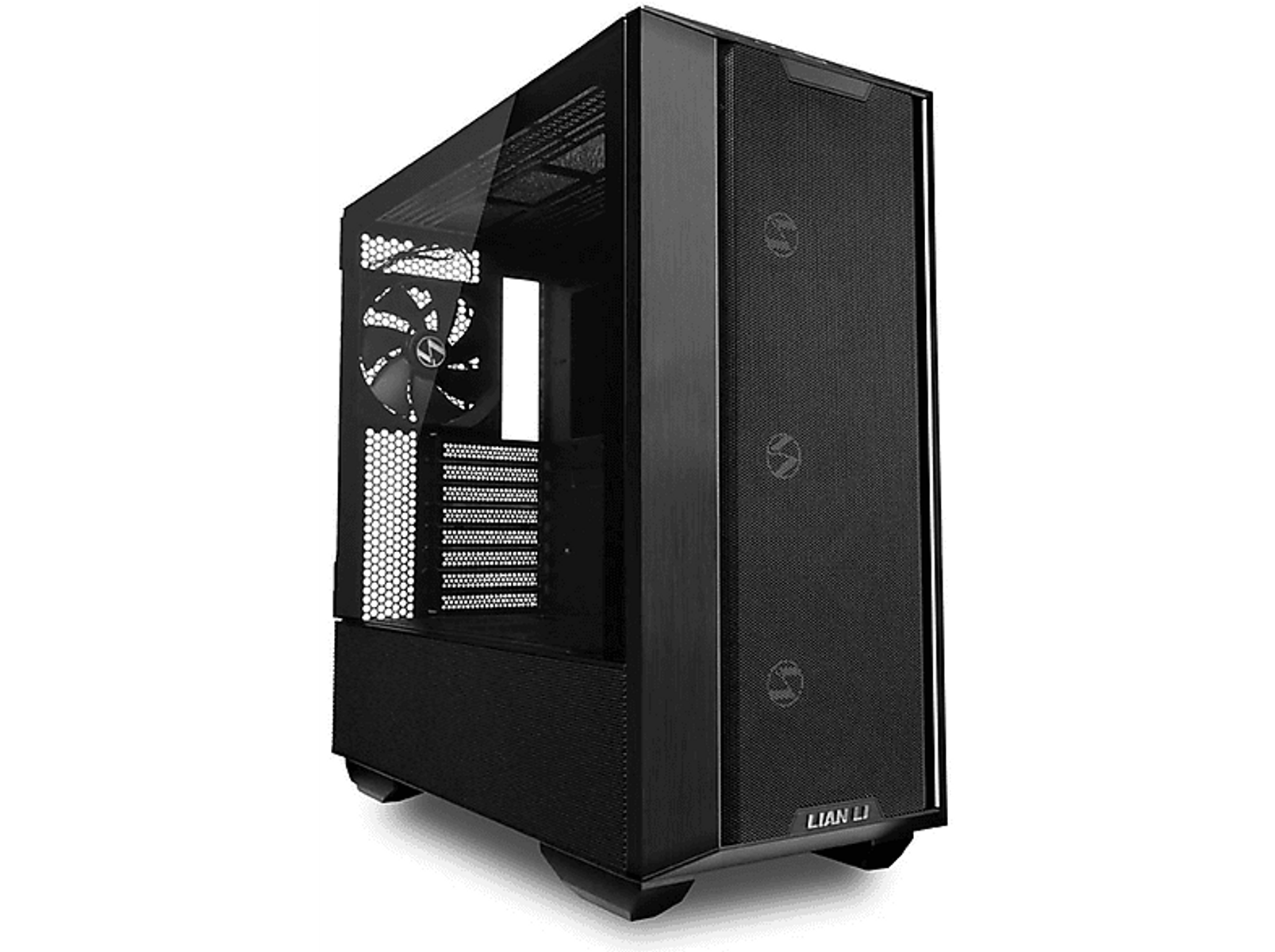 Czarna obudowa komputera ze szklanym panelem, wentylatorem i trzema widocznymi kratkami wentylatora, na czarnej powierzchni.