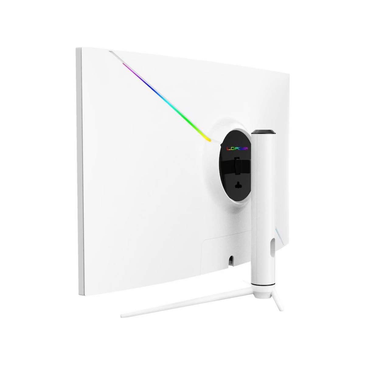 Tył białego monitora komputerowego z listwą świetlną. Stojak jest biały i ma otwór na kabel.