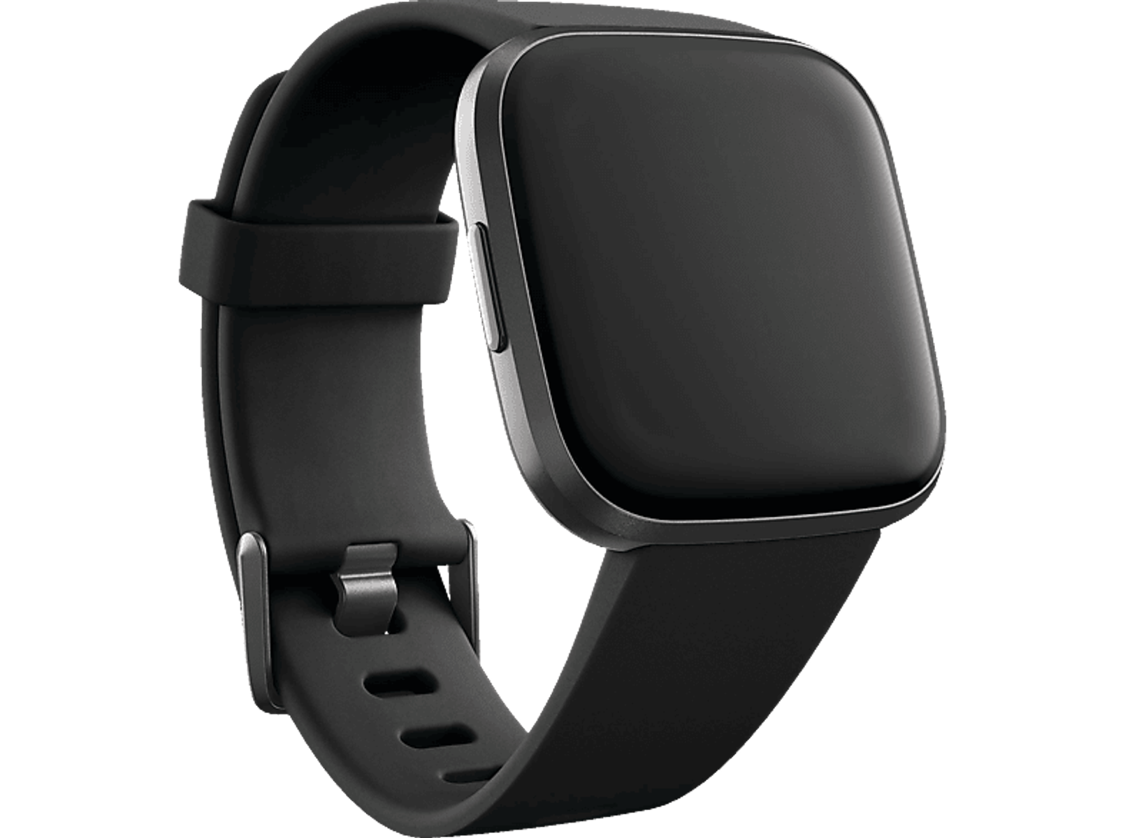 Smartwatch nero con display quadrato e cinturino nero. L'orologio è su uno sfondo scuro.
