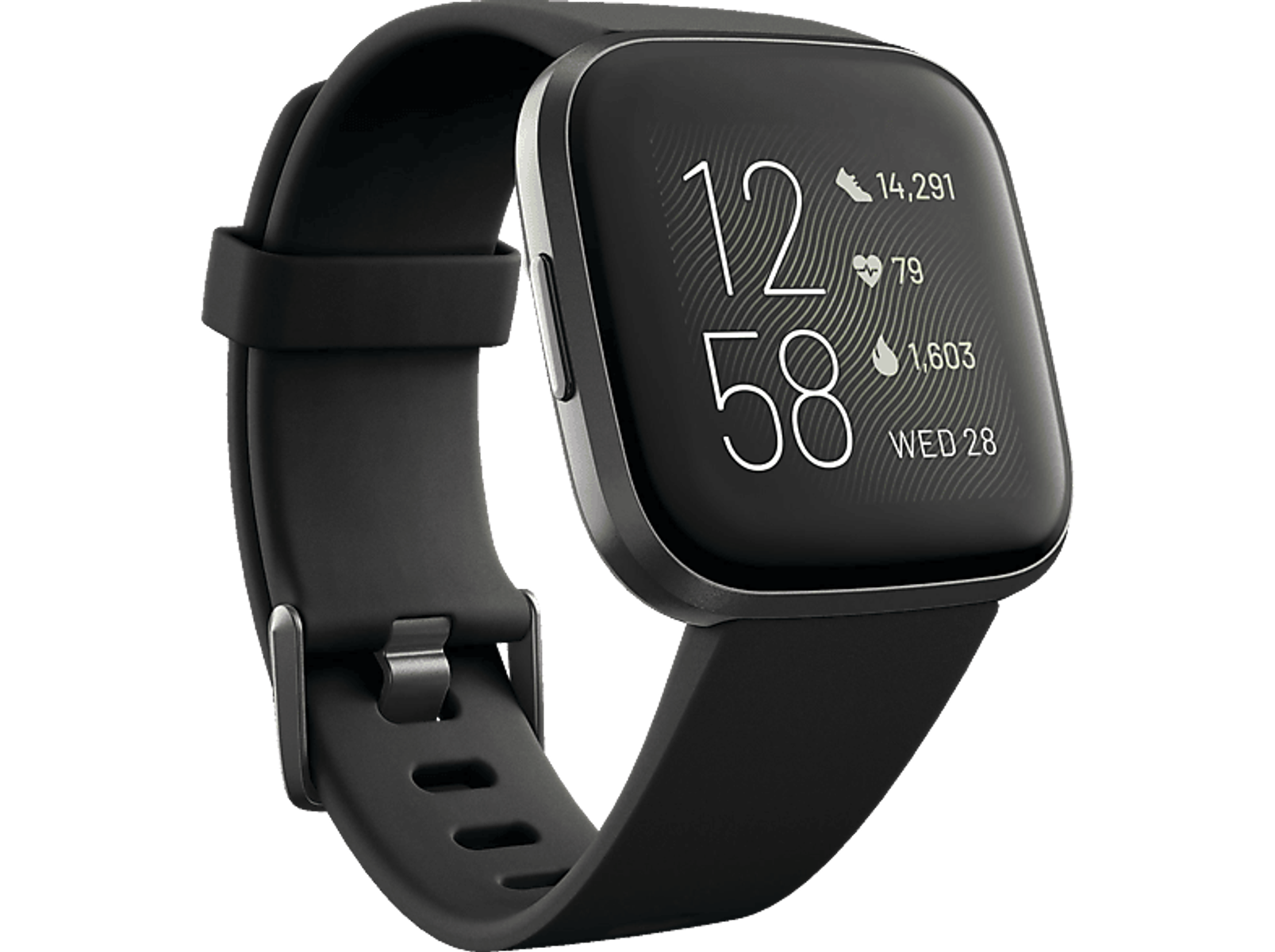 Smartwatch Fitbit Versa 2 nero. Mostra l'ora e i passi. Cinturino nero.