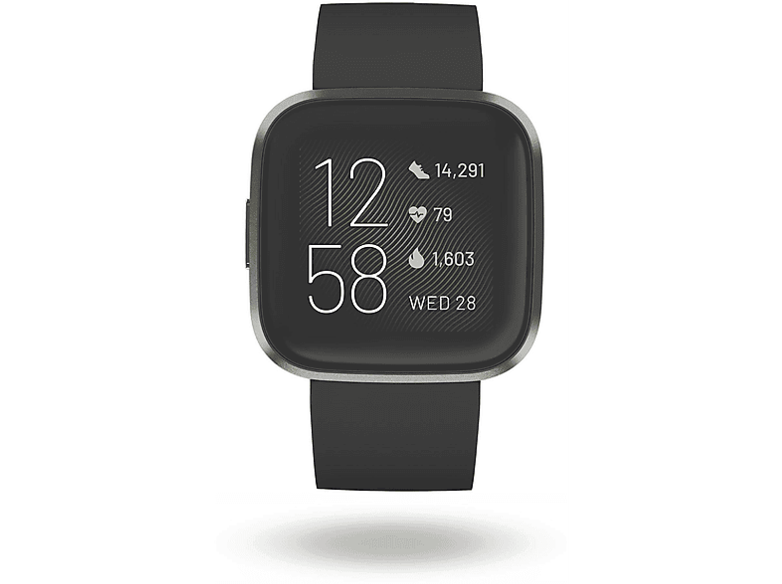 Smartwatch Fitbit Versa, nero con cornice argentata, mostra ora e metriche di salute.