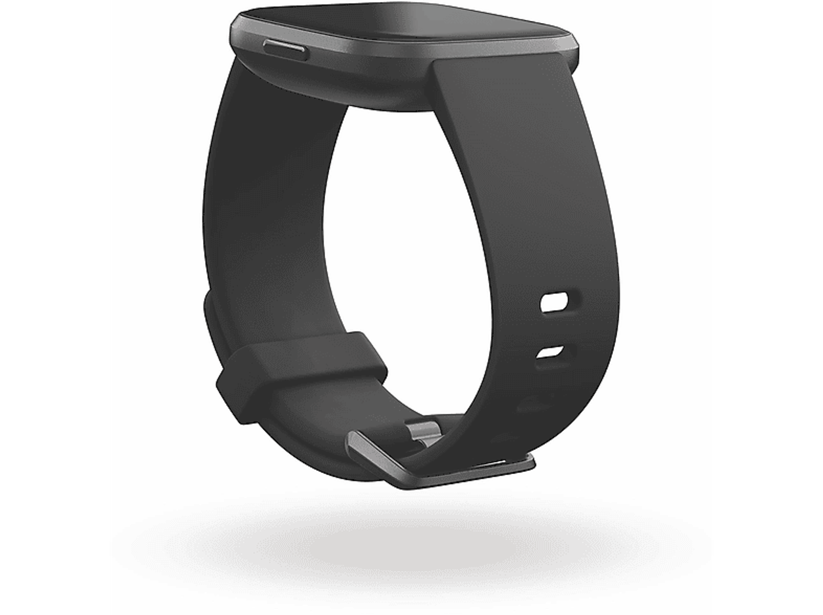 Smartwatch nero con cinturino nero, su sfondo bianco.