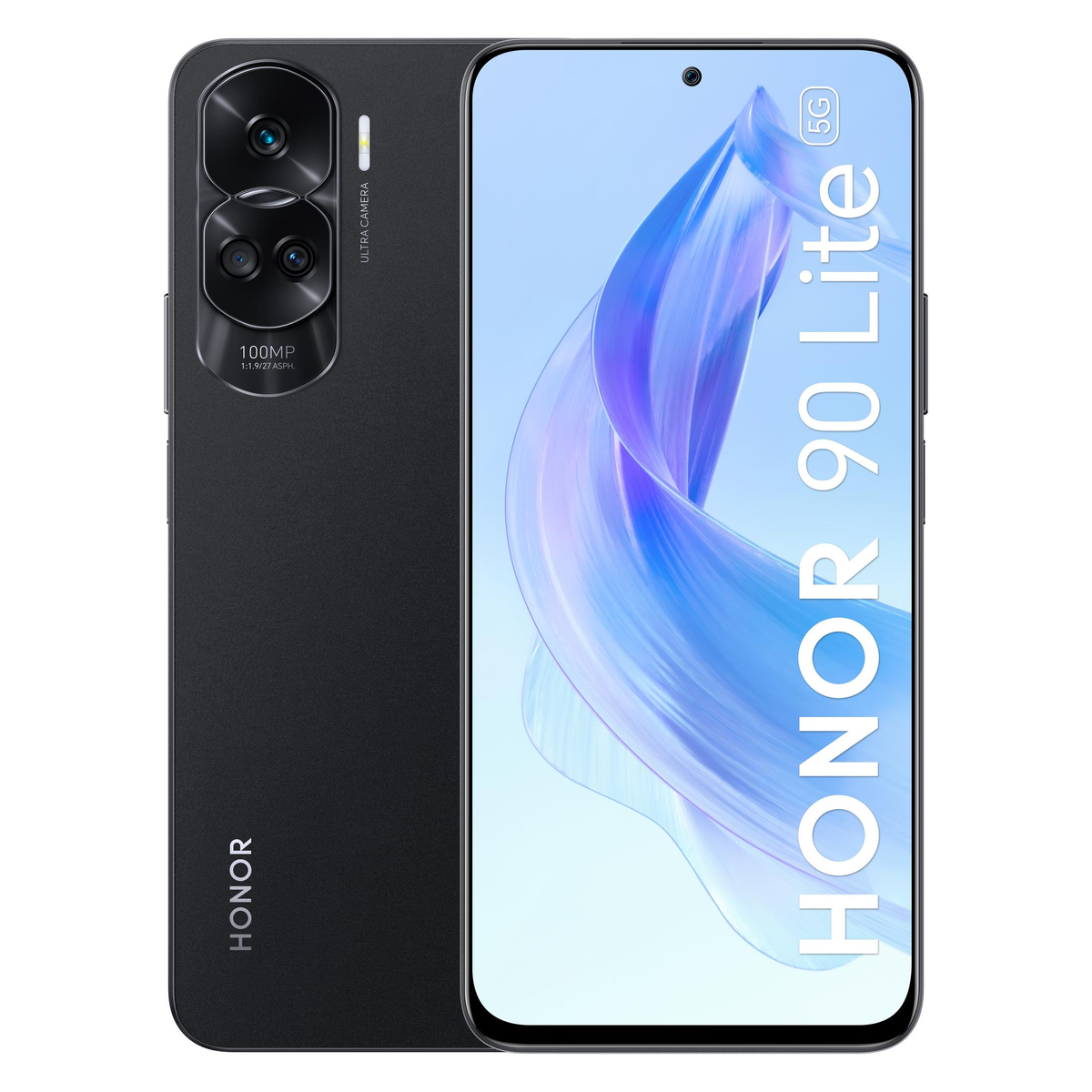 Czarny smartfon HONOR 90 Lite 5G z modułem kamery i białym tłem.
