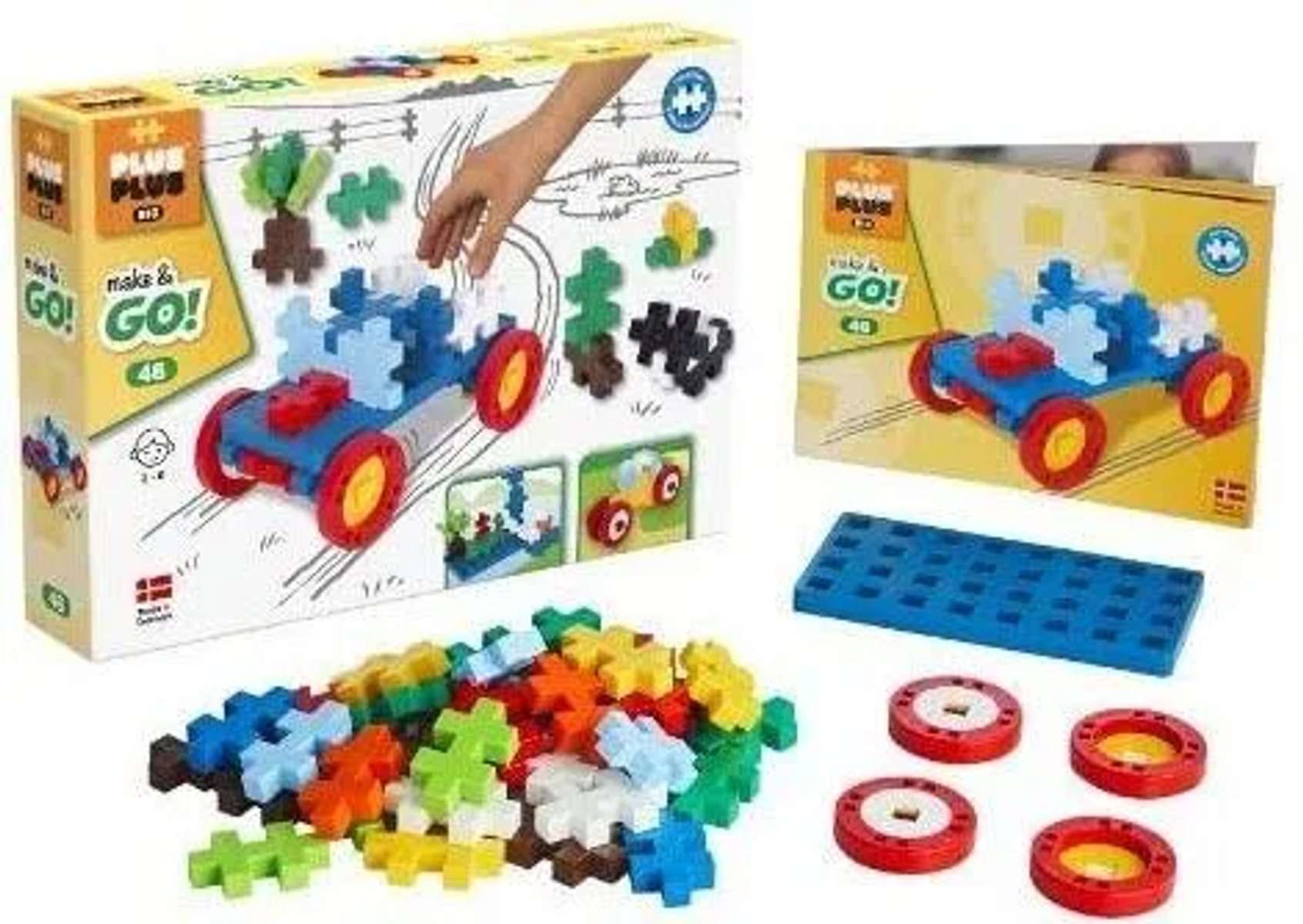Set de juguetes Plus-Plus: coche hecho con bloques, caja y bloques sueltos.