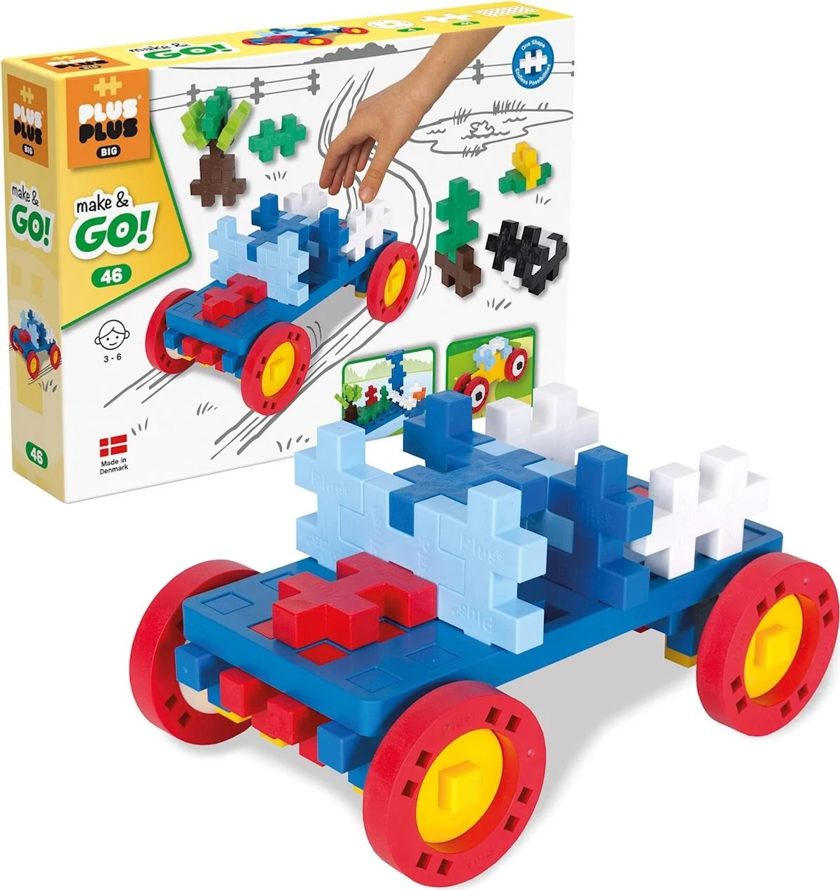 Un coche de juguete hecho con bloques de construcción coloridos con una imagen de una mano.