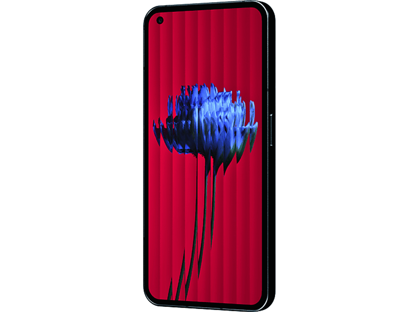 Czarny smartfon z czerwonym tłem i niebieskim wzorem kwiatowym.