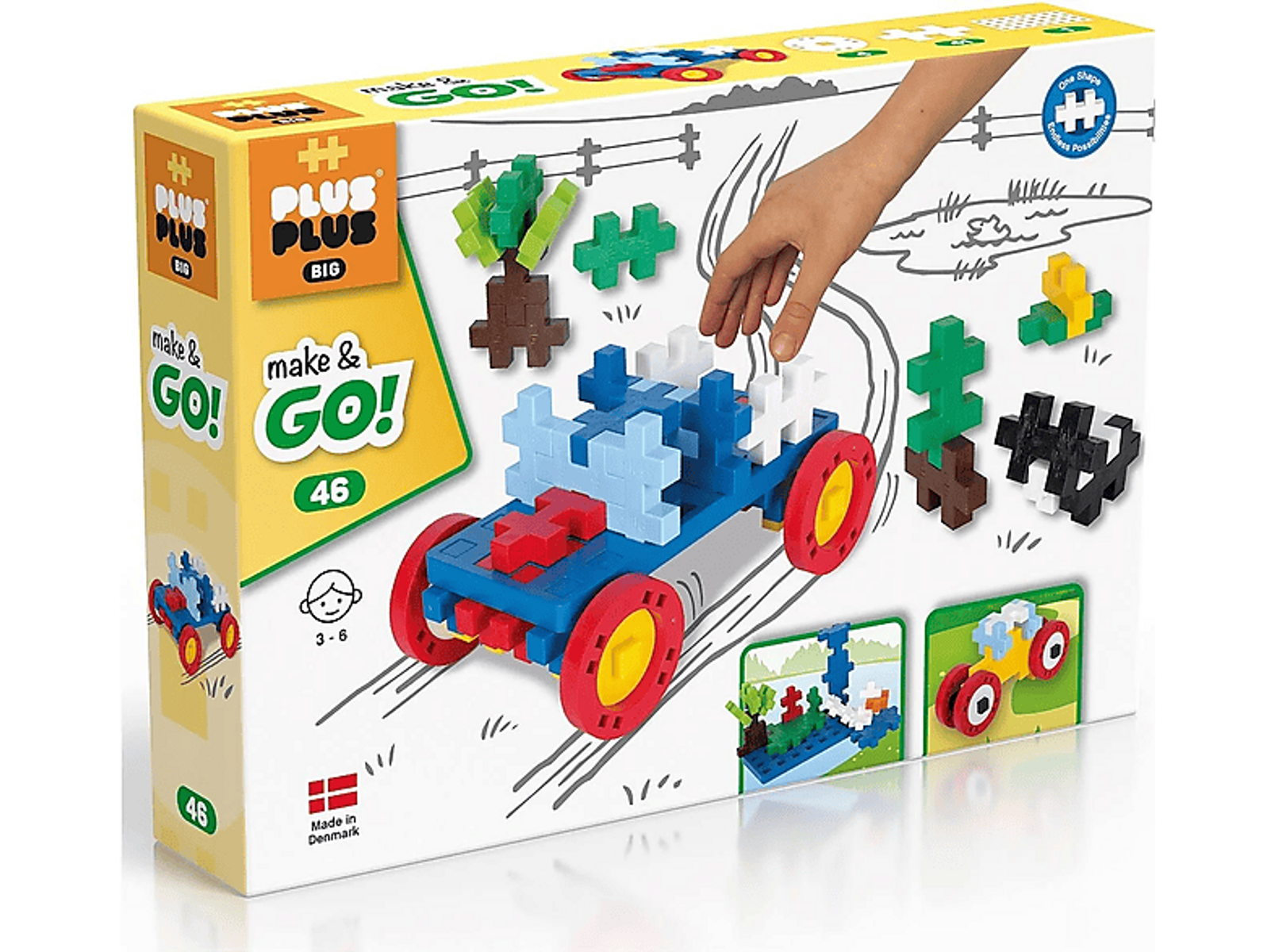 Un coche de juguete hecho de bloques, en una caja con instrucciones. La caja también muestra otros modelos.