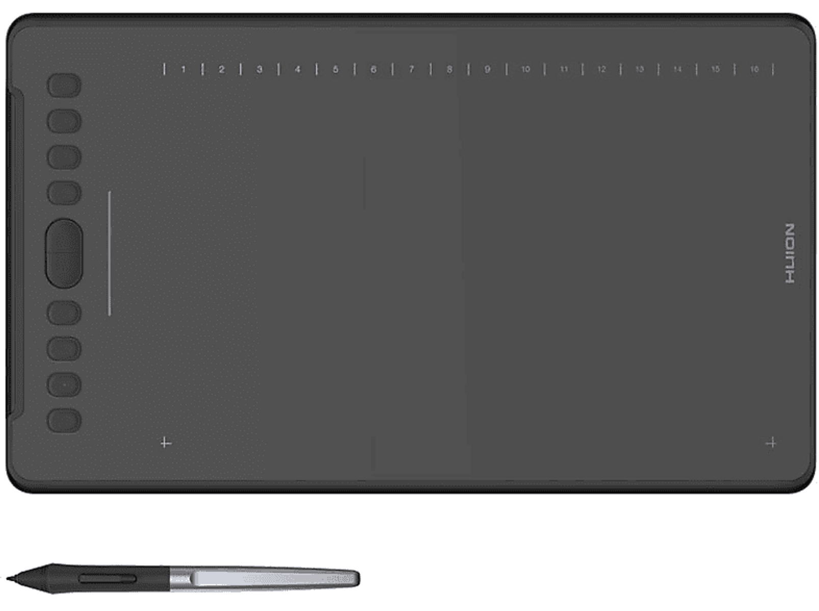 Ein flaches, graues Zeichentablett mit Stift. Hat Knöpfe und Messmarkierungen.