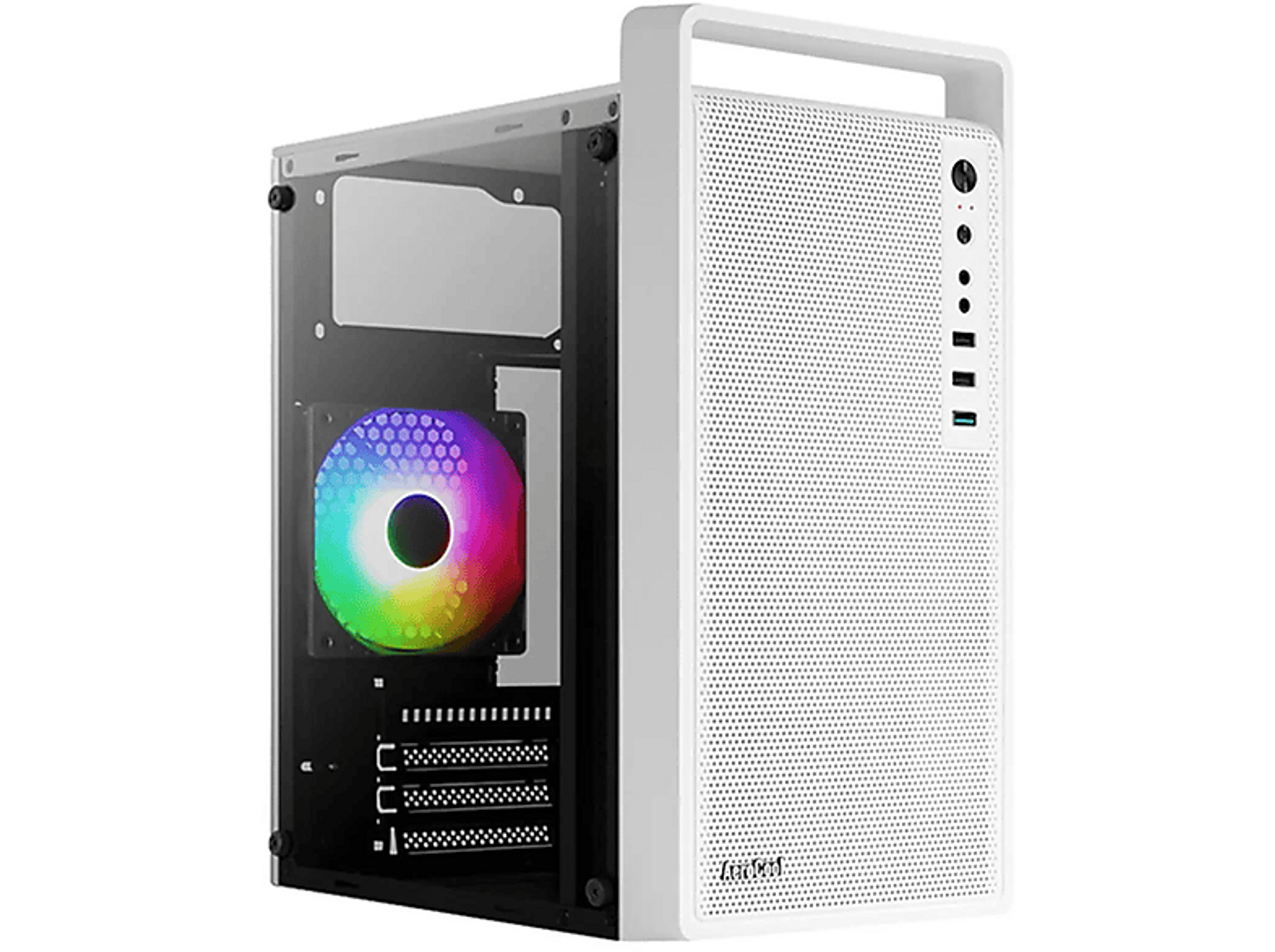 Biała obudowa komputera z uchwytem na górze. Ma szklany panel boczny odsłaniający kolorowy wentylator.
