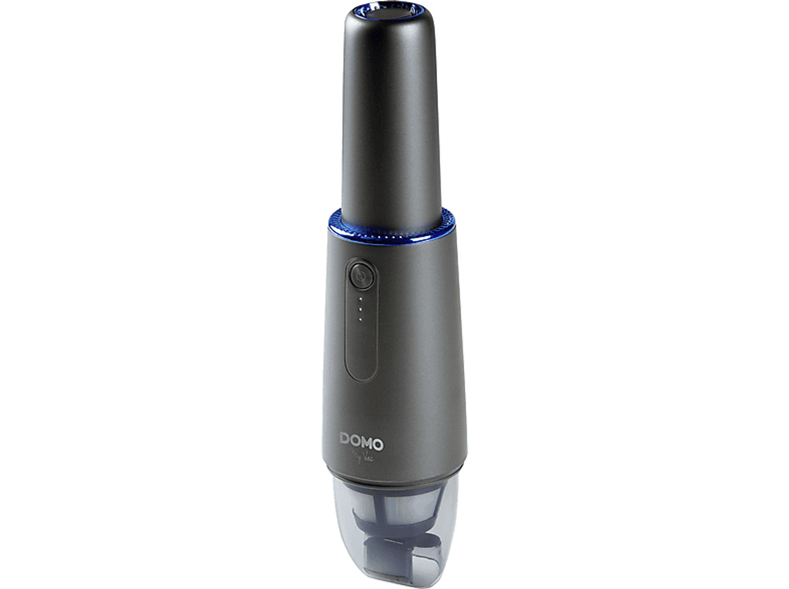 Aspiradora de mano gris oscuro con detalles azules. El logotipo de Domo es visible.