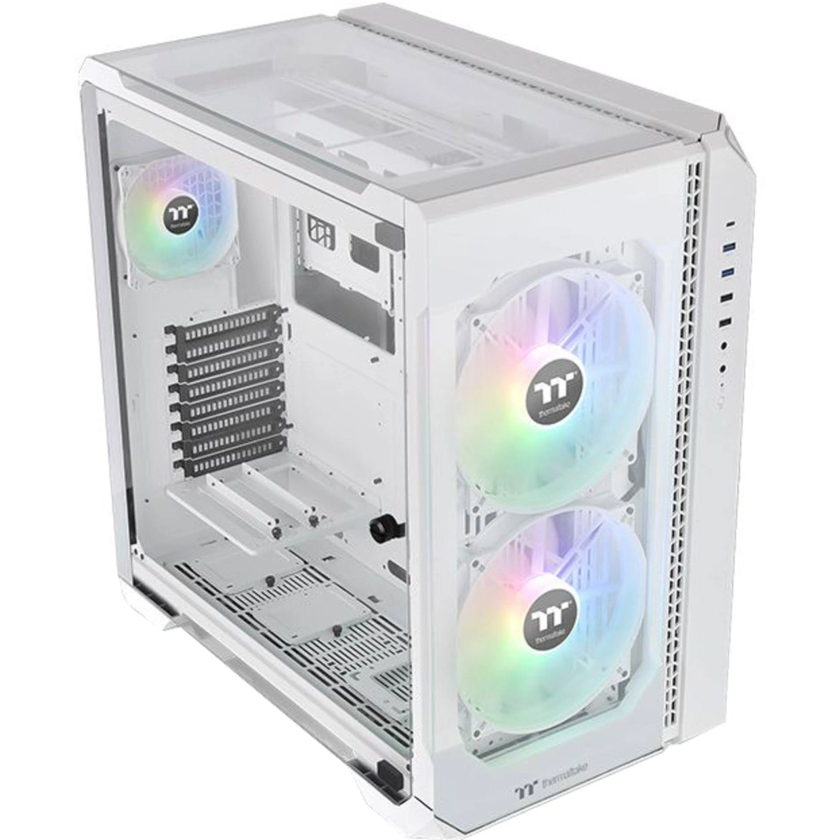 Witte computerkast met twee ventilatoren. De kast heeft een doorzichtig zijpaneel.
