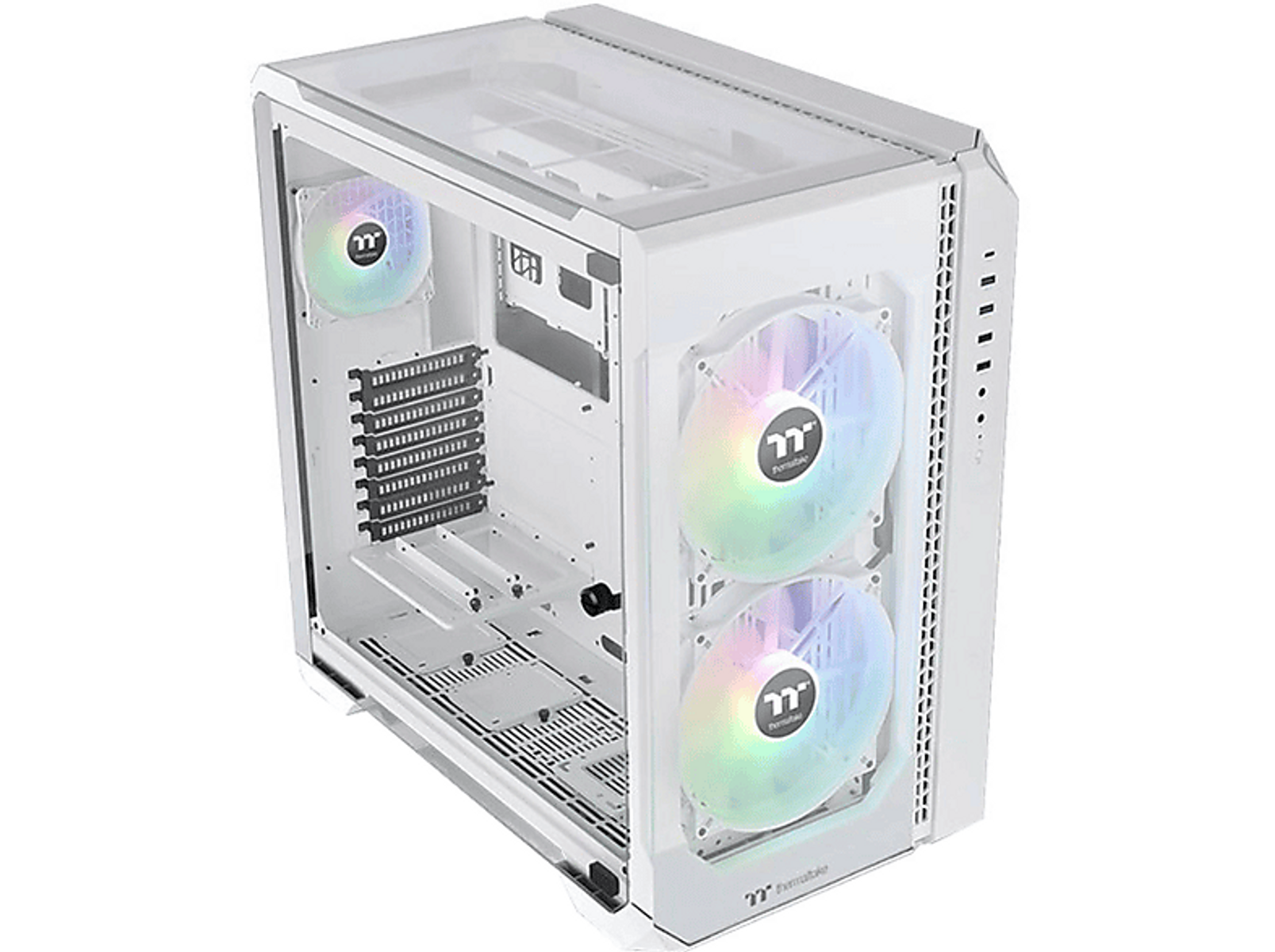 Witte pc-kast met ventilatoren en een glazen zijpaneel, witte achtergrond.