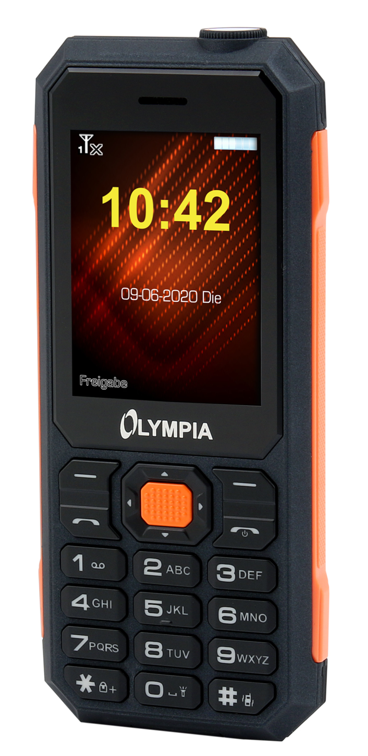 Un telefono Olympia nero e arancione che mostra l'ora 10:42.
