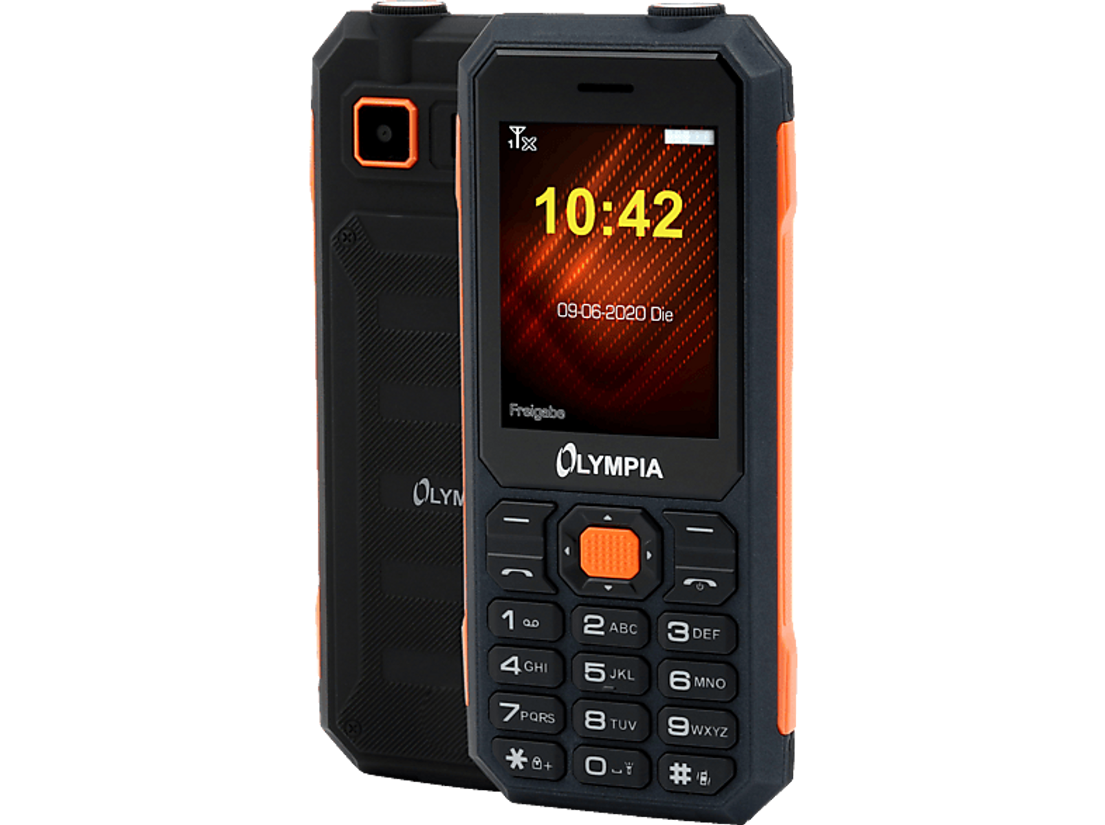 Due telefoni Olympia, uno che mostra le 10:42, l'altro che mostra il retro.