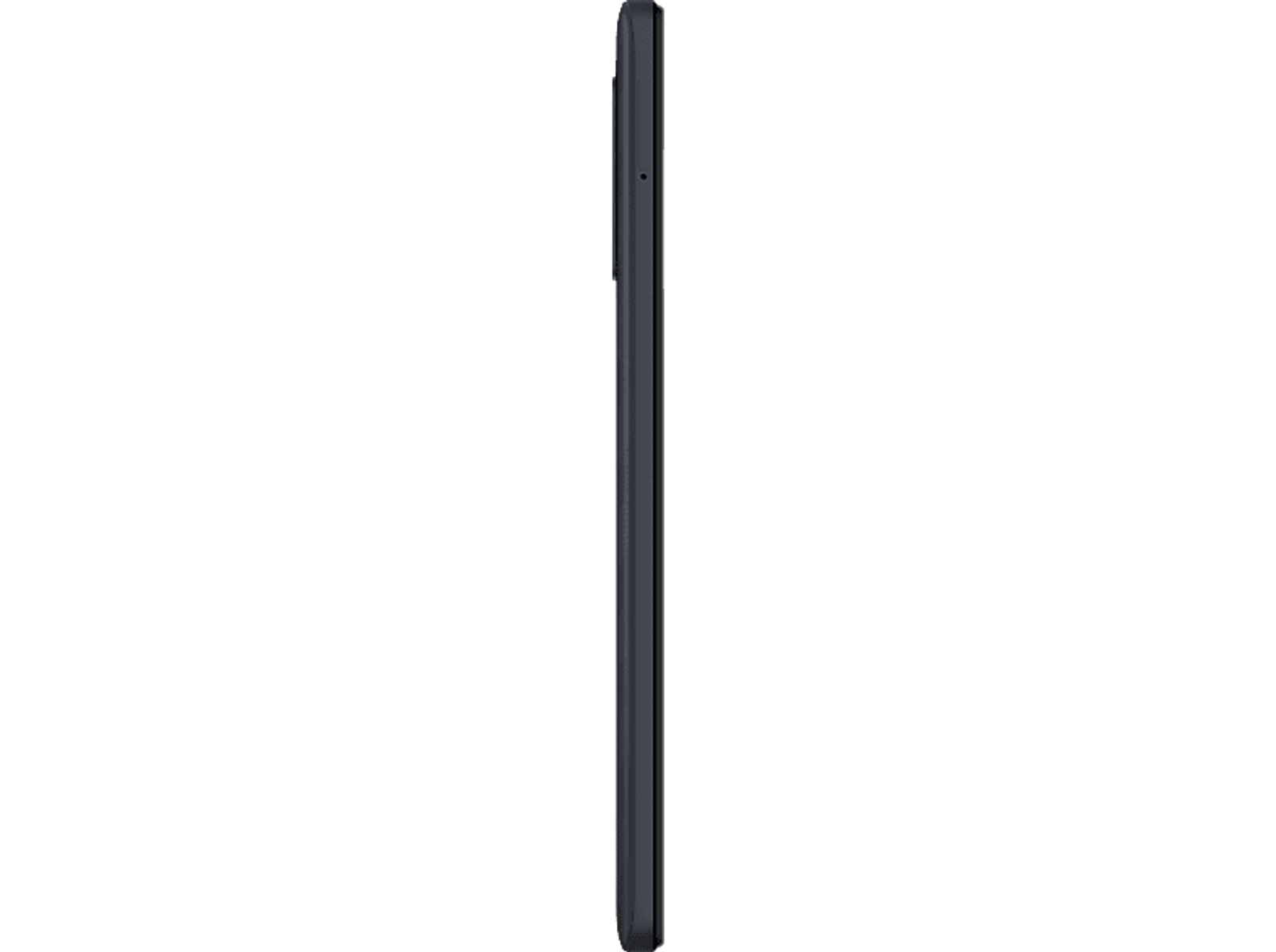 Seitenansicht eines schwarzen Telefons. Es hat ein schlankes Design und einen dunklen Hintergrund.
