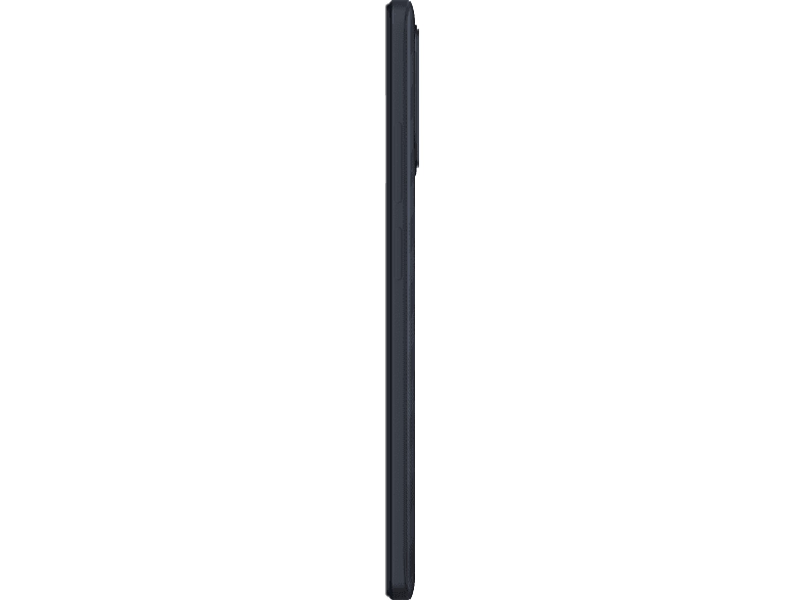 Seitenansicht eines schwarzen Smartphones, das Seitenprofil ohne sichtbaren Bildschirm zeigt.