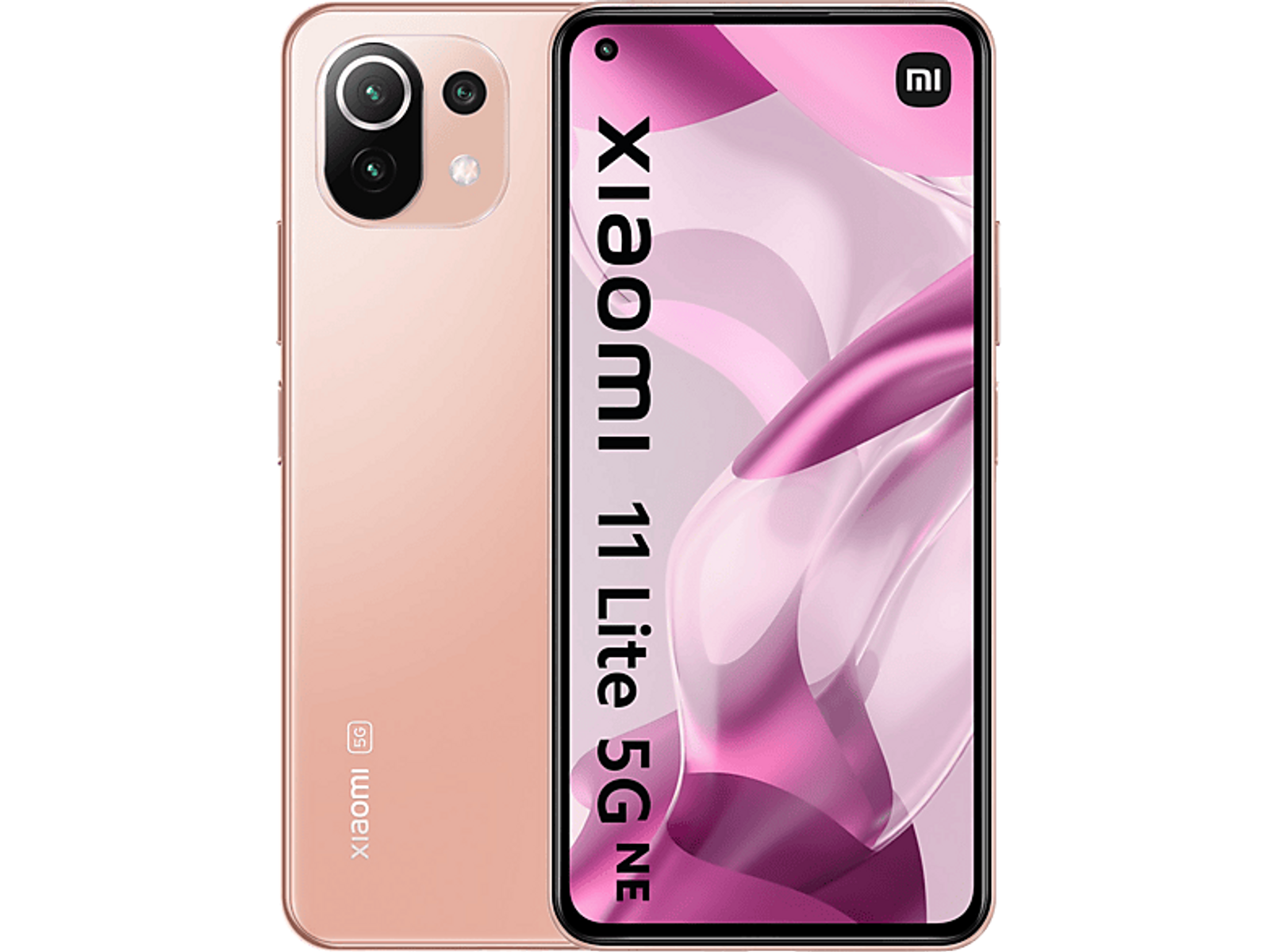 Różowy telefon Xiaomi 11 Lite 5G NE. Widok z tyłu i z przodu. Białe tło.