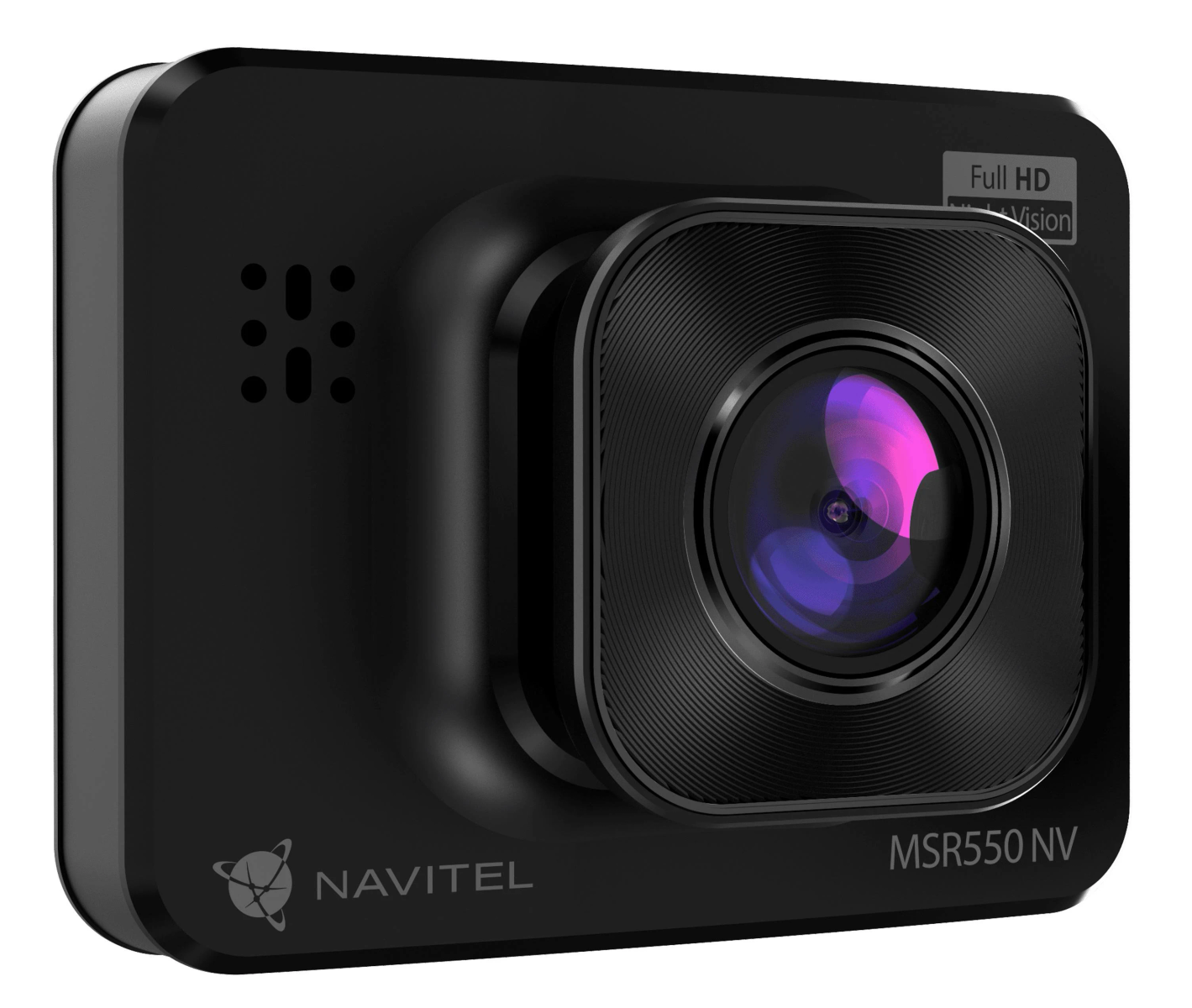 Schwarze Dashcam. Das Objektiv ist sichtbar, und der Markenname Navitel steht unten.
