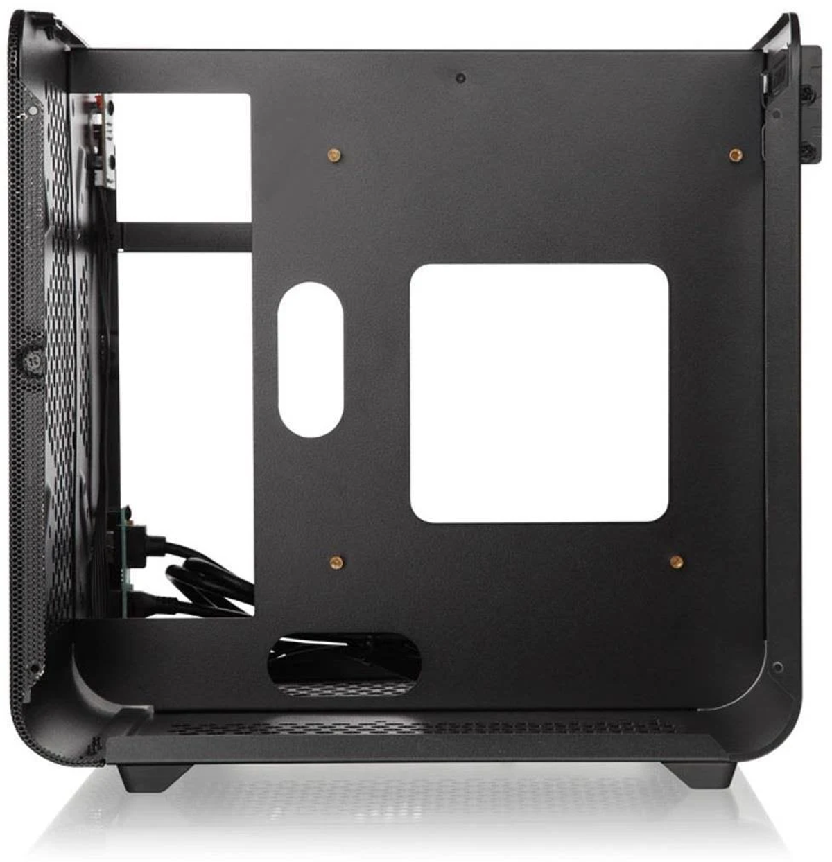 Black computer case frame. A side view with a large square opening and side mesh panel.