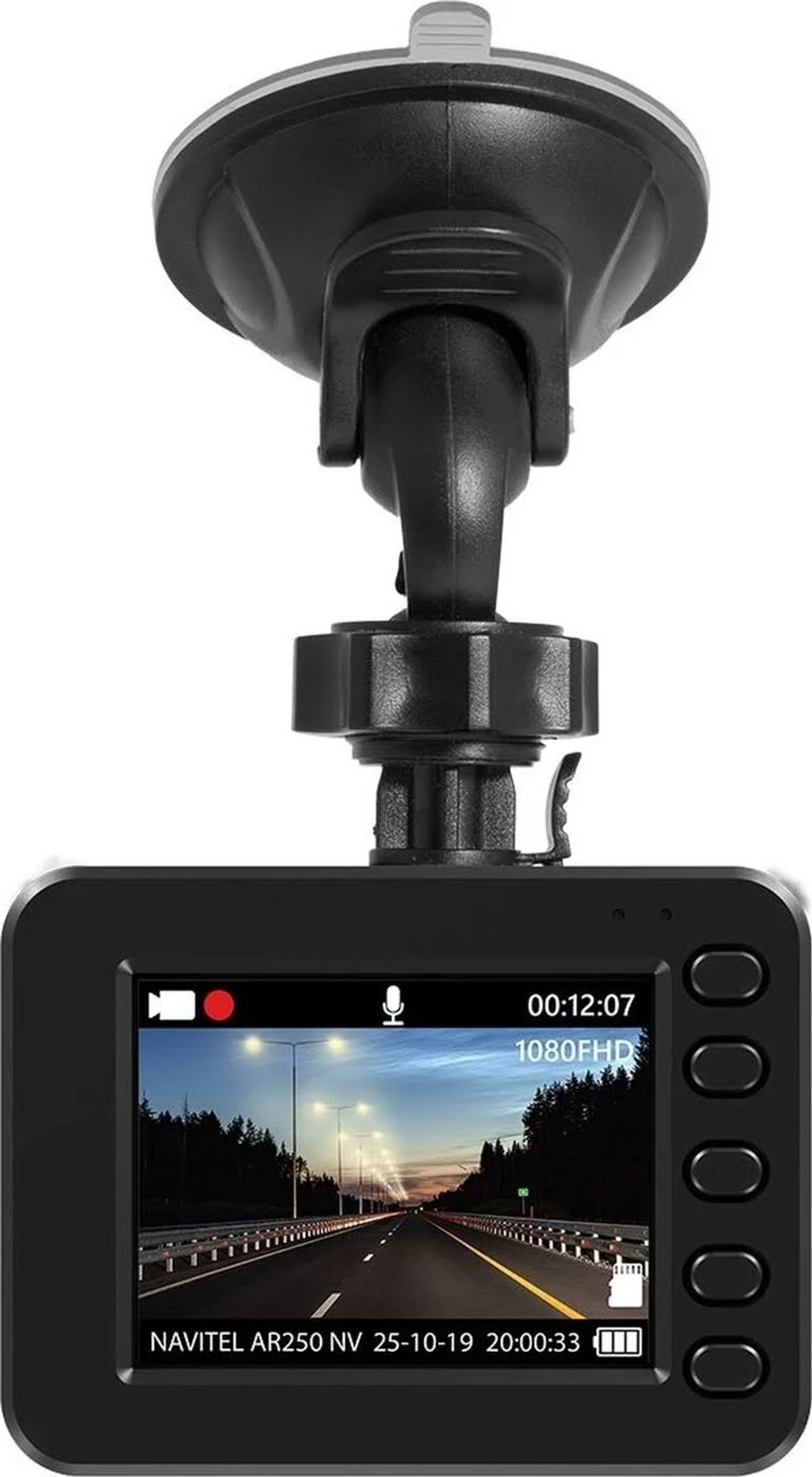 Schwarze Dashcam mit Bildschirm, der eine Straße und Stadtlandschaft zeigt. Hat eine Saugnapfhalterung.
