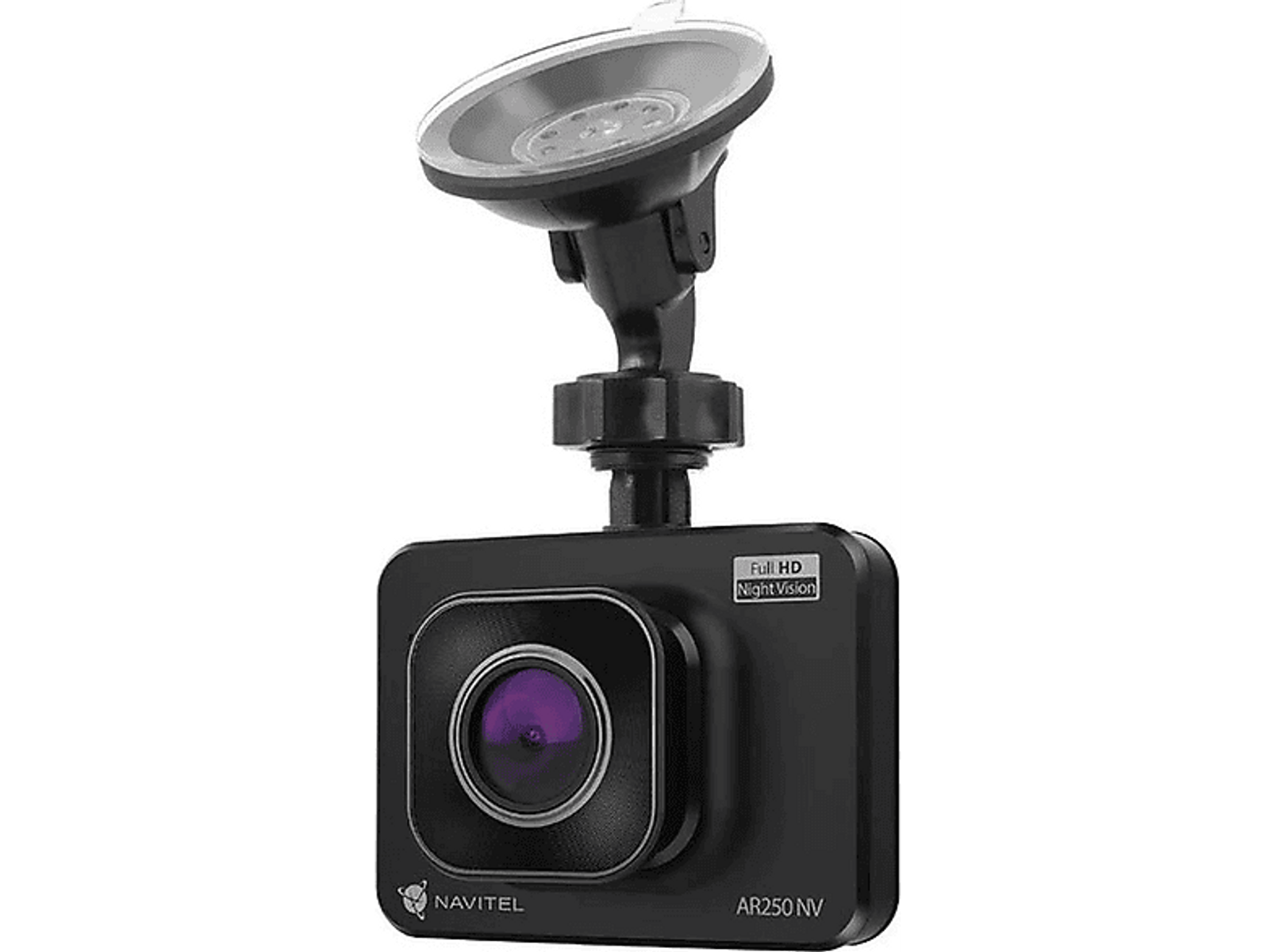 Schwarze Navitel AR250 NV Dashcam mit Saugnapf. Hat ein Objektiv und einen Bildschirm.