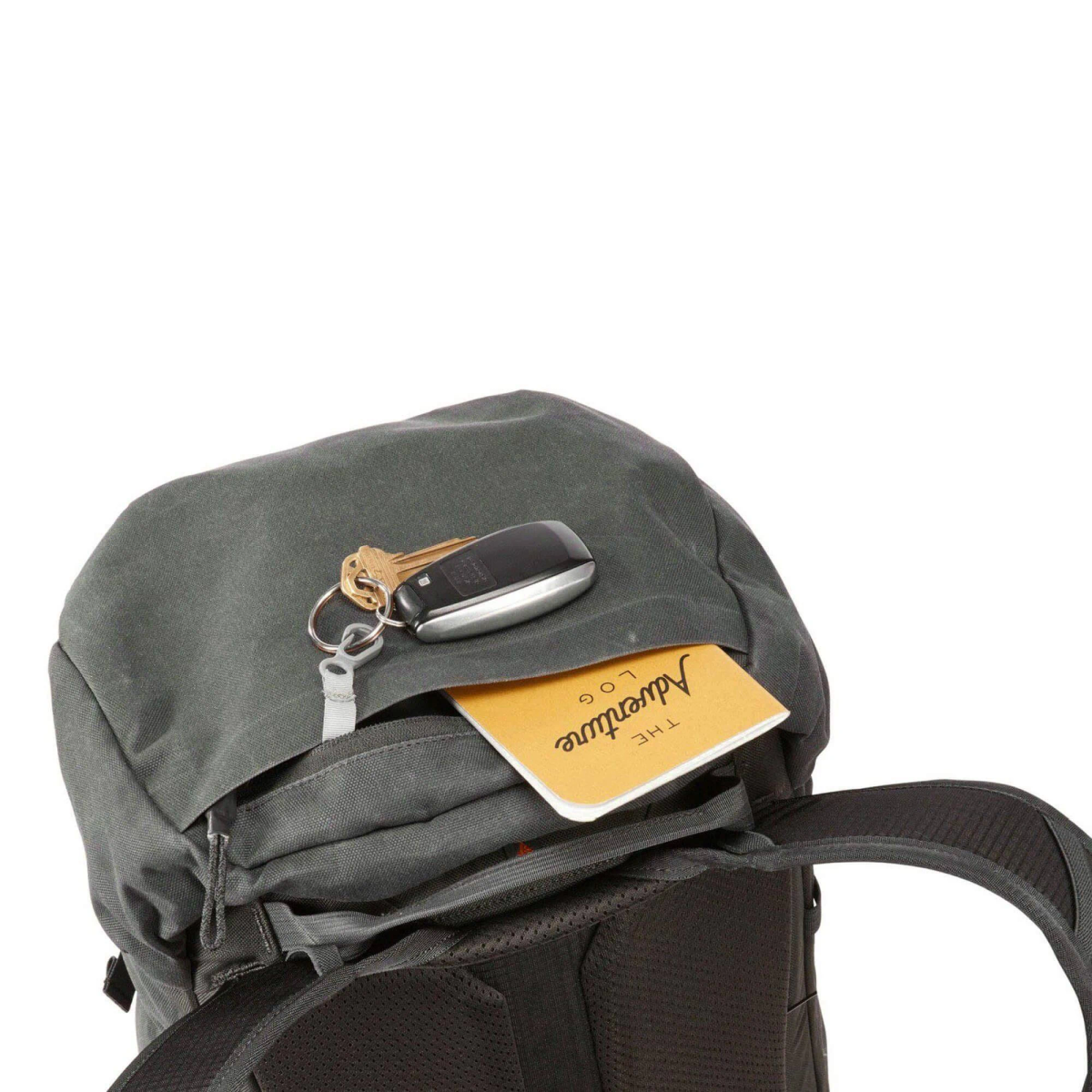 Rucksack mit Notizbuch und Autoschlüsseln, die aus der oberen Tasche schauen, vor weißem Hintergrund.