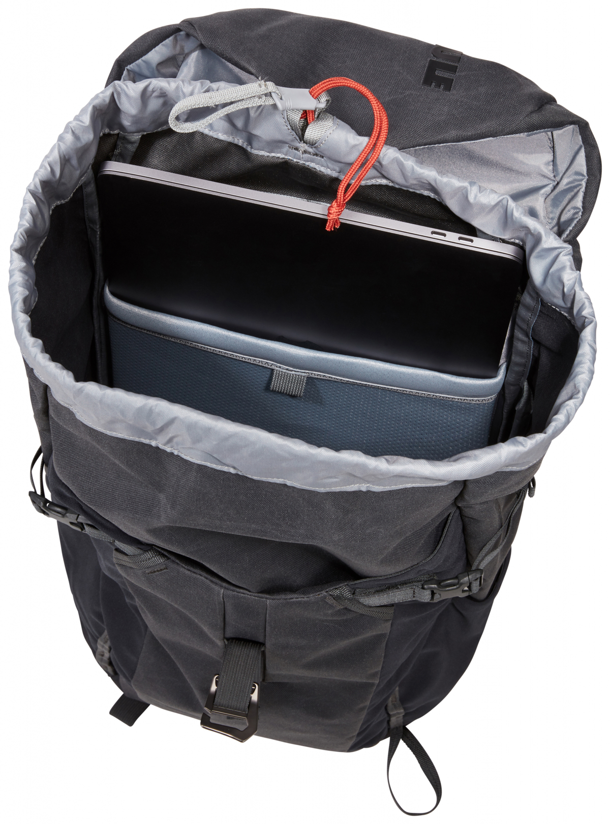 Geöffneter schwarzer Rucksack. Enthält einen Laptop und ein blaues Tablet. Roter Faden oben.