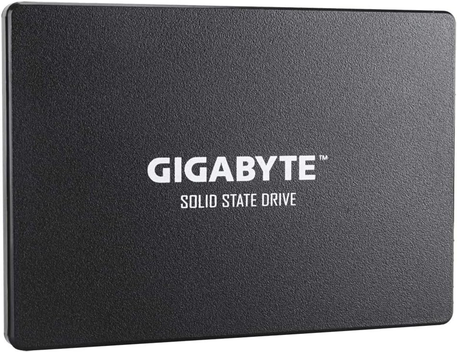 Een GIGABYTE solid state drive in een zwarte behuizing, met de merknaam in het wit.