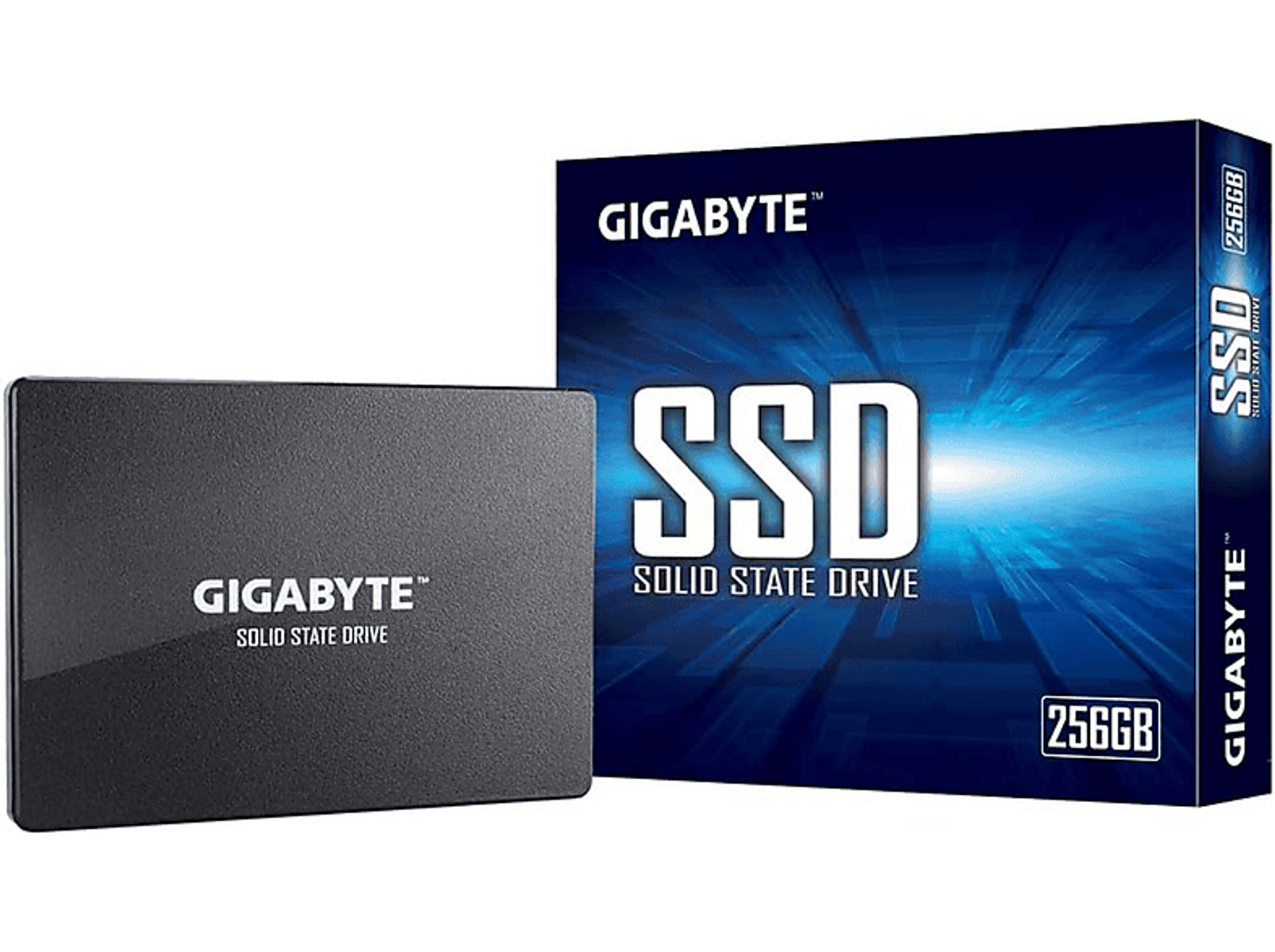 SSD noir et boîte. La boîte indique GIGABYTE SSD SOLID STATE DRIVE 256 Go. Le SSD indique GIGABYTE.