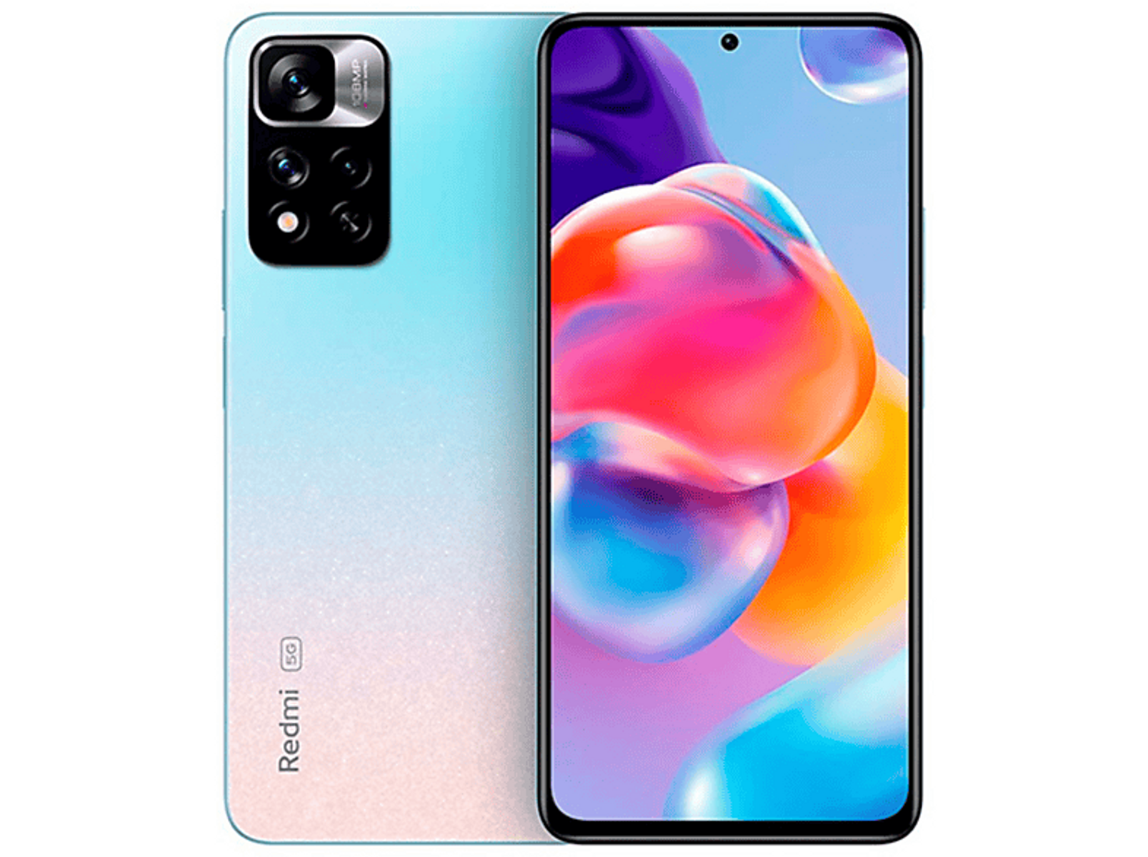 Smartphone with light blue back and multiple cameras. White background.