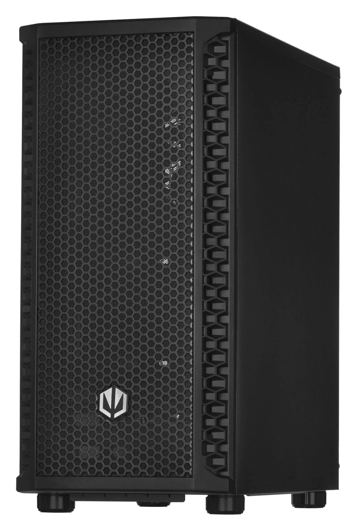 Czarna obudowa komputera z siatkowym przodem i logo. Ma wzór plastra miodu.