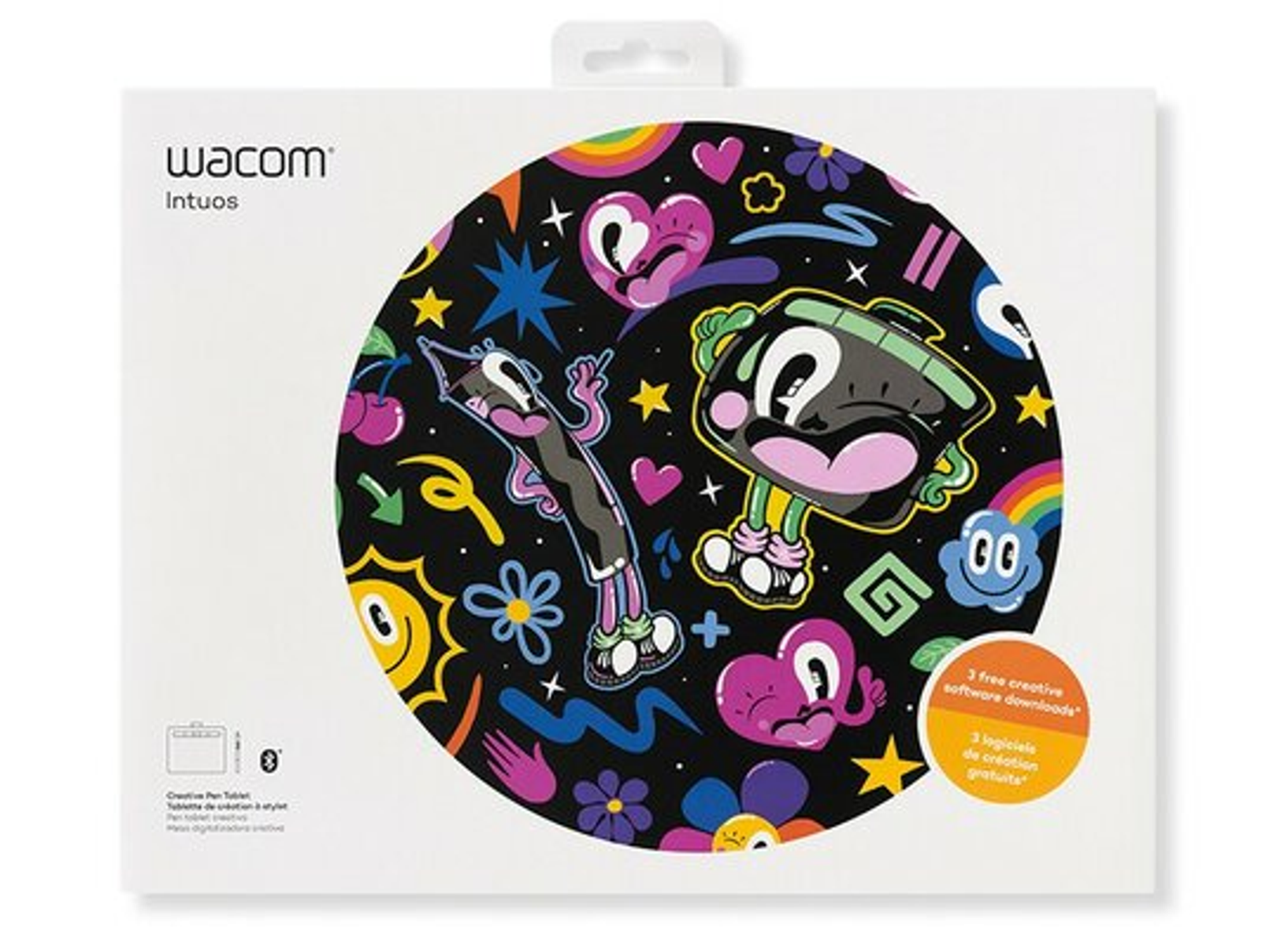 Caja de la tableta Wacom Intuos. Presenta un diseño de dibujos animados y las palabras 'Creative Pen Tablet'.