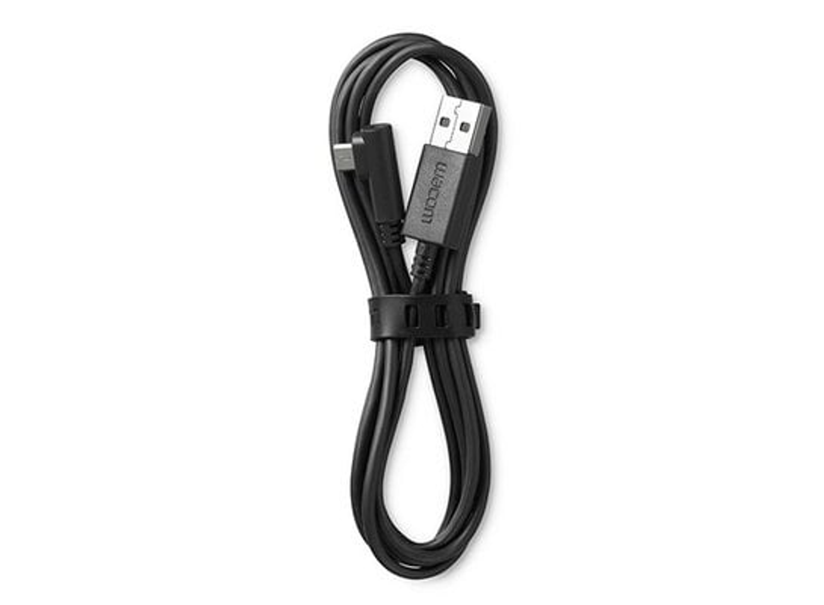 Czarny kabel USB-C z etykietą Wacom, zwinięty i zabezpieczony czarnym paskiem.