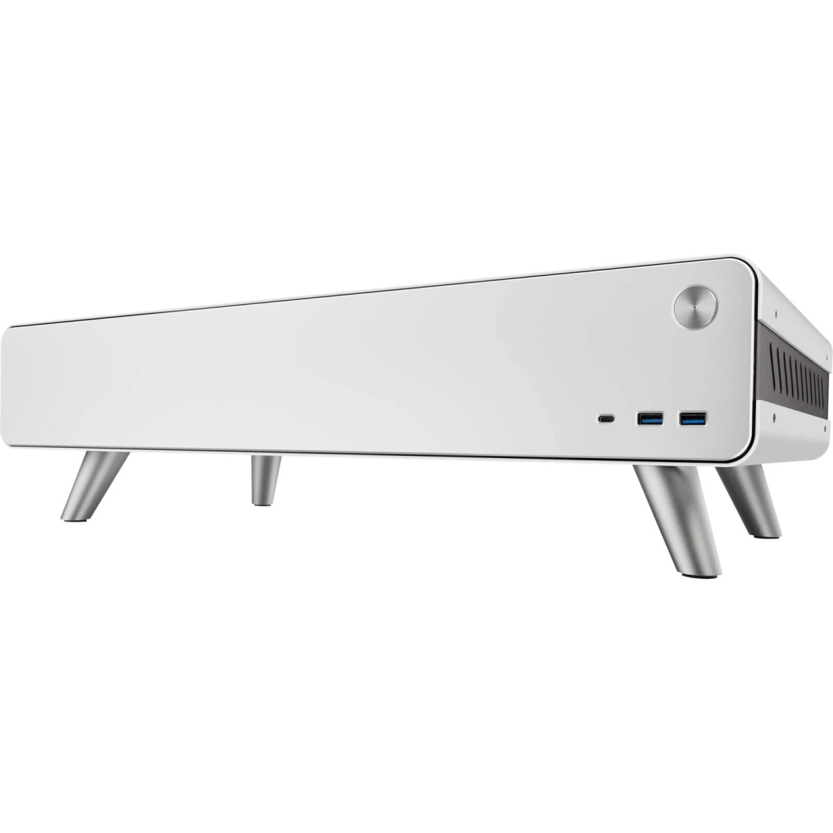 Un case per computer argentato con gambe. Ha un design pulito e moderno.