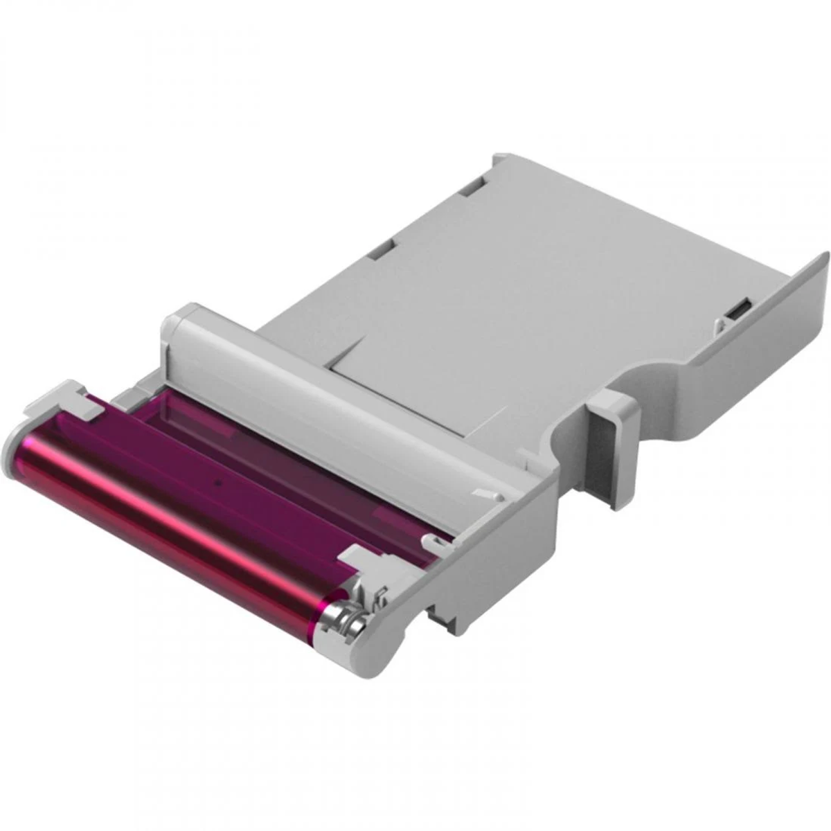 Tintenpatrone mit rosa Rolle und grauem Gehäuse.