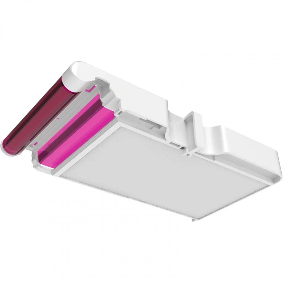 Querschnitt eines weißen LED-Panels mit rosa und roten Lichtröhren innen.