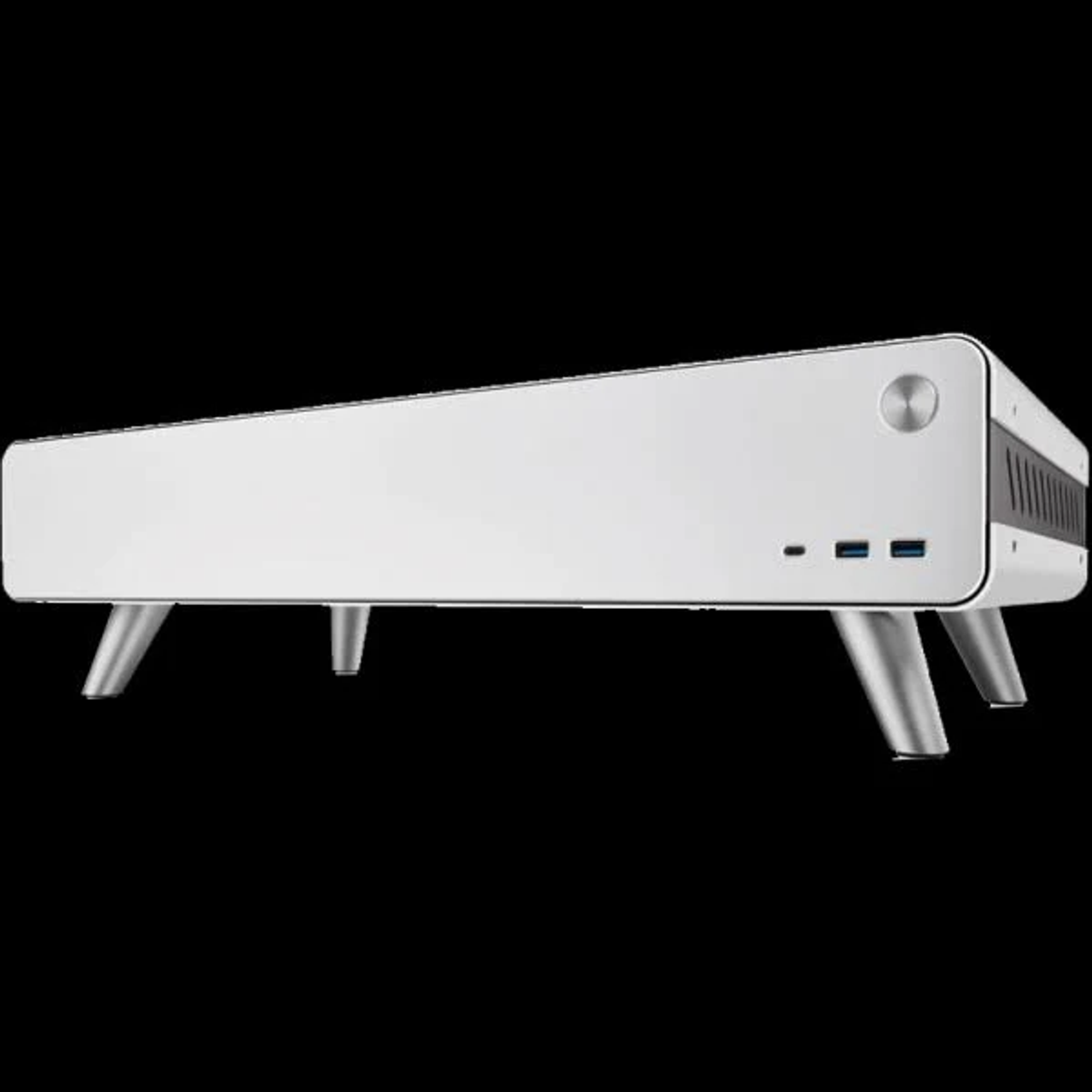 Case per computer bianco. Gambe argentate, porte frontali e pulsante di accensione.