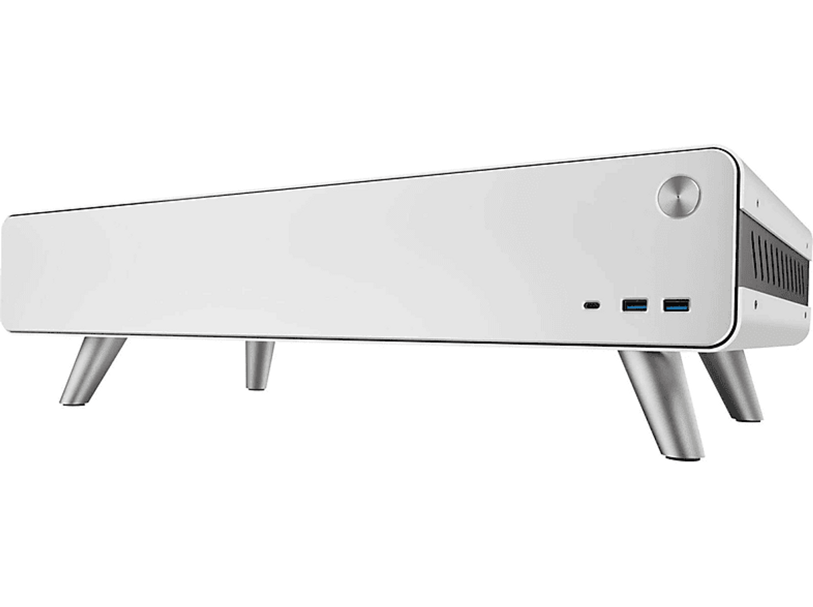 Case per computer argentato con gambe. Ha porte USB e pulsante di accensione.