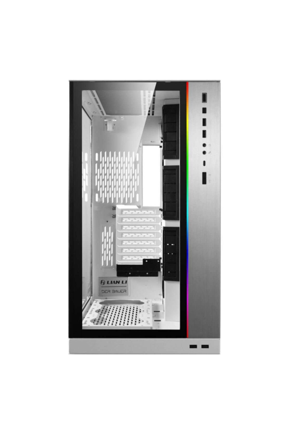 Obudowa PC, srebrna i czarna, szklany panel boczny, pasek LED w tęczy. Wnętrze widoczne. Białe tło.