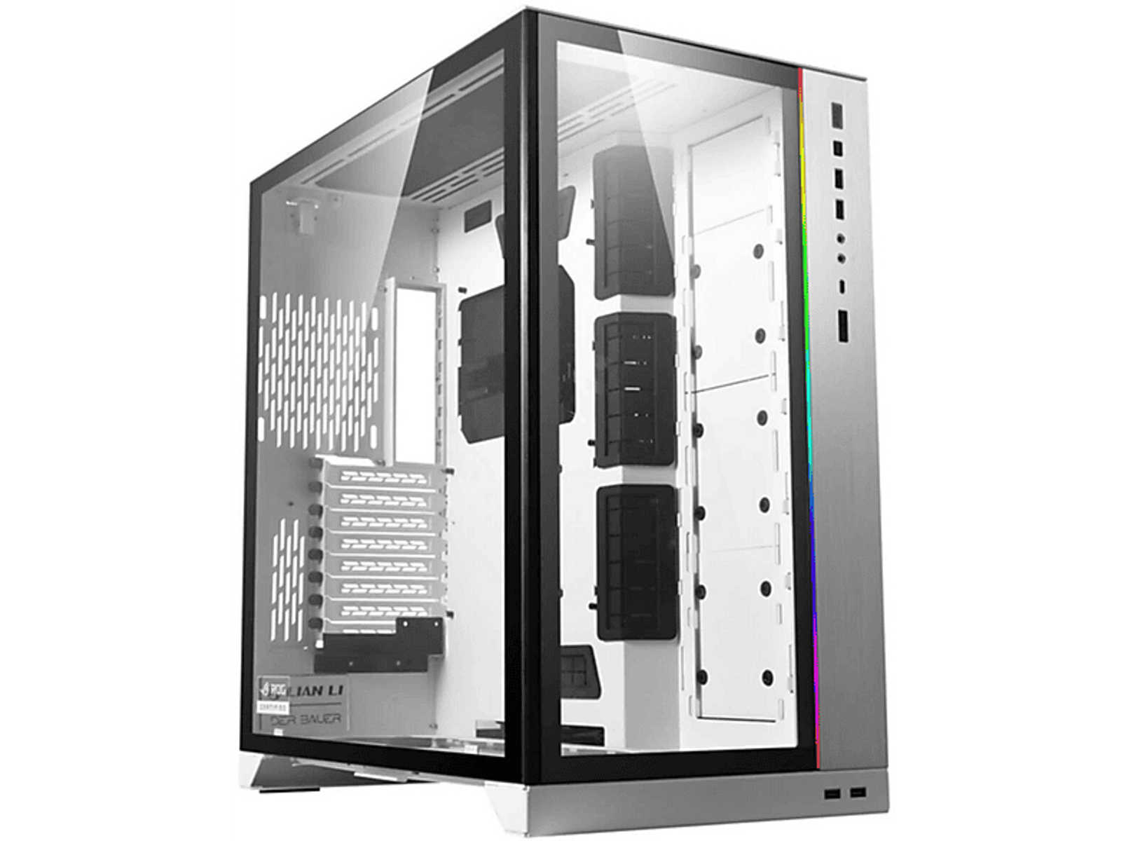 Obudowa komputera z panelami szklanymi pokazującymi wnętrze i różne komponenty. Białe i RGB oświetlenie.
