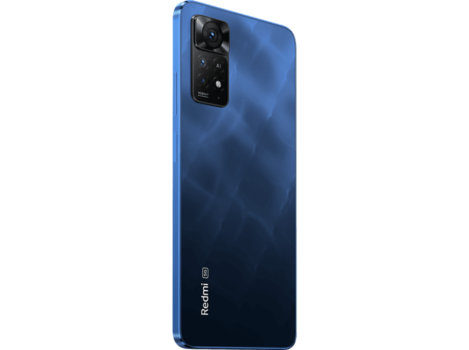 Niebieski telefon z wieloma aparatami, widok z tyłu, na ciemnym tle.