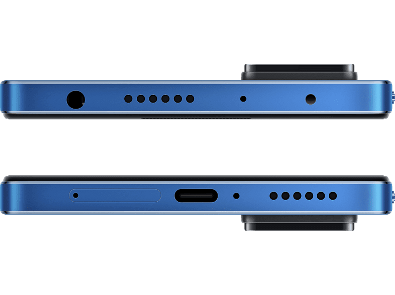 Zbliżenie dolnej krawędzi niebieskiego telefonu, pokazujące gniazdo słuchawkowe, porty i otwory głośnikowe.