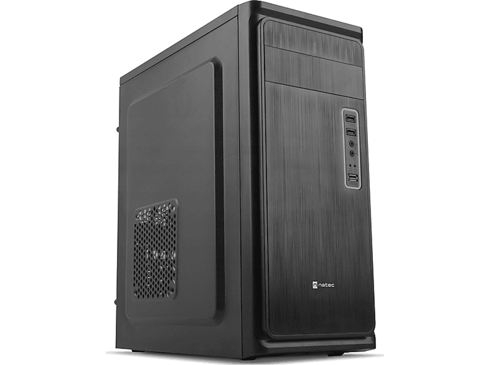 Czarna obudowa komputera. Przód ma porty USB, przycisk zasilania i wentylację. Ciemne otoczenie. Widoczne logo Natec.