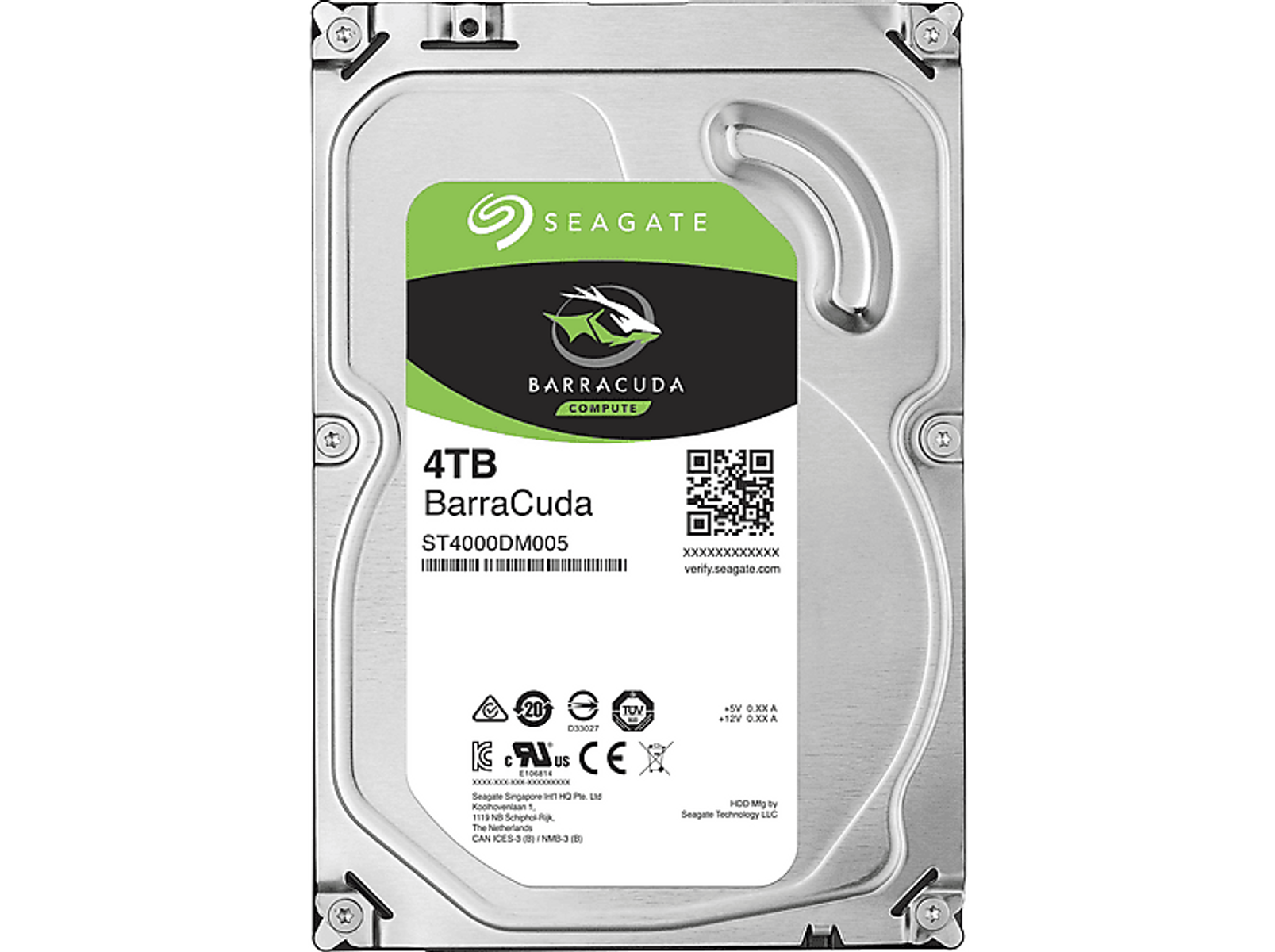 Seagate Festplatte mit grünem Etikett und 4TB Kapazität.