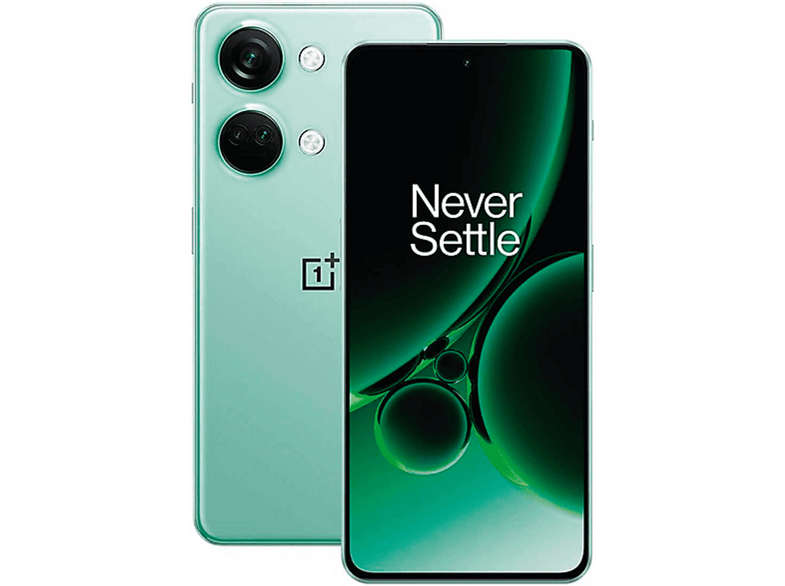 Grün-schwarzes Smartphone mit 'Never Settle' auf dem Bildschirm.