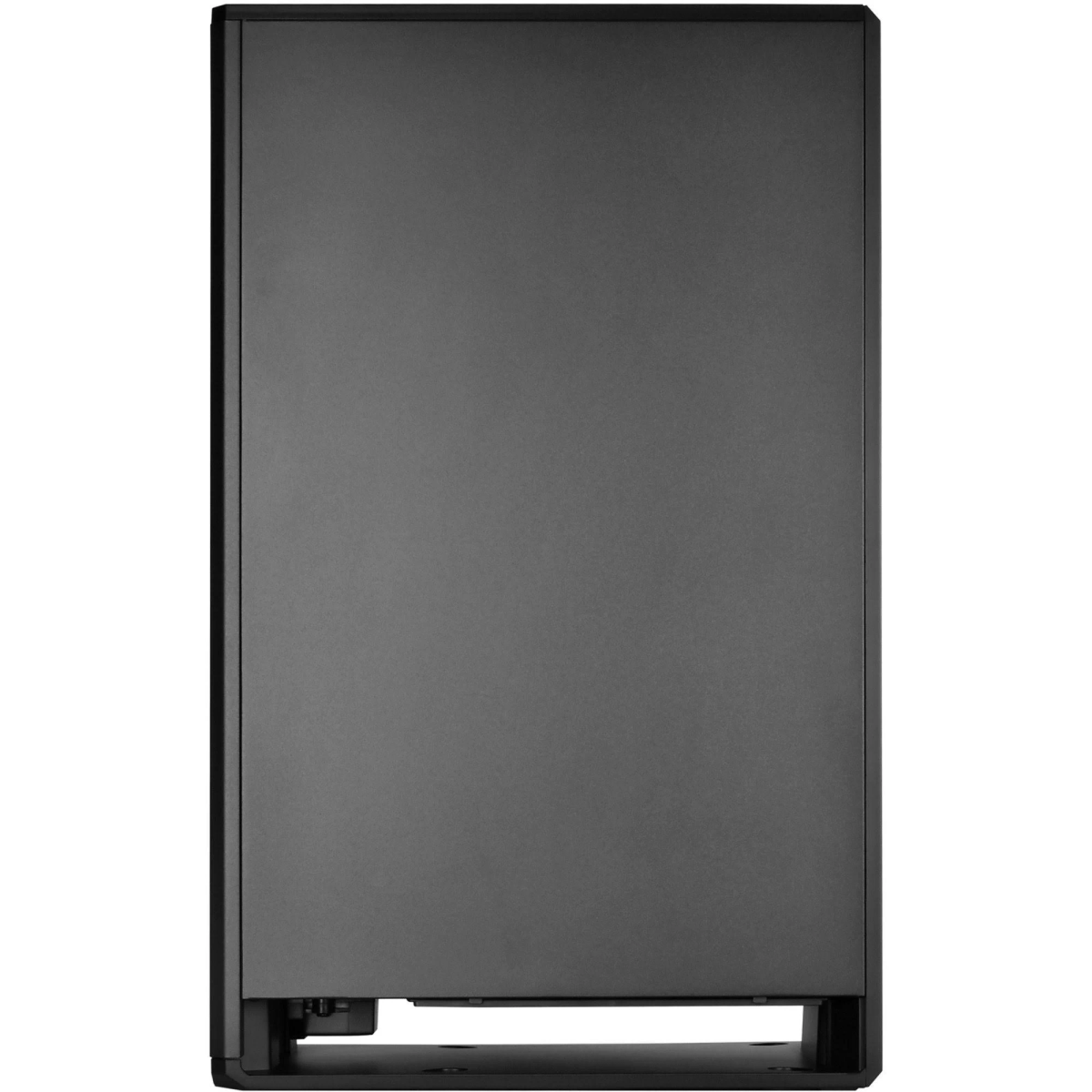 Schwarzes Computergehäuse. Seitenansicht. Keine sichtbaren Komponenten.